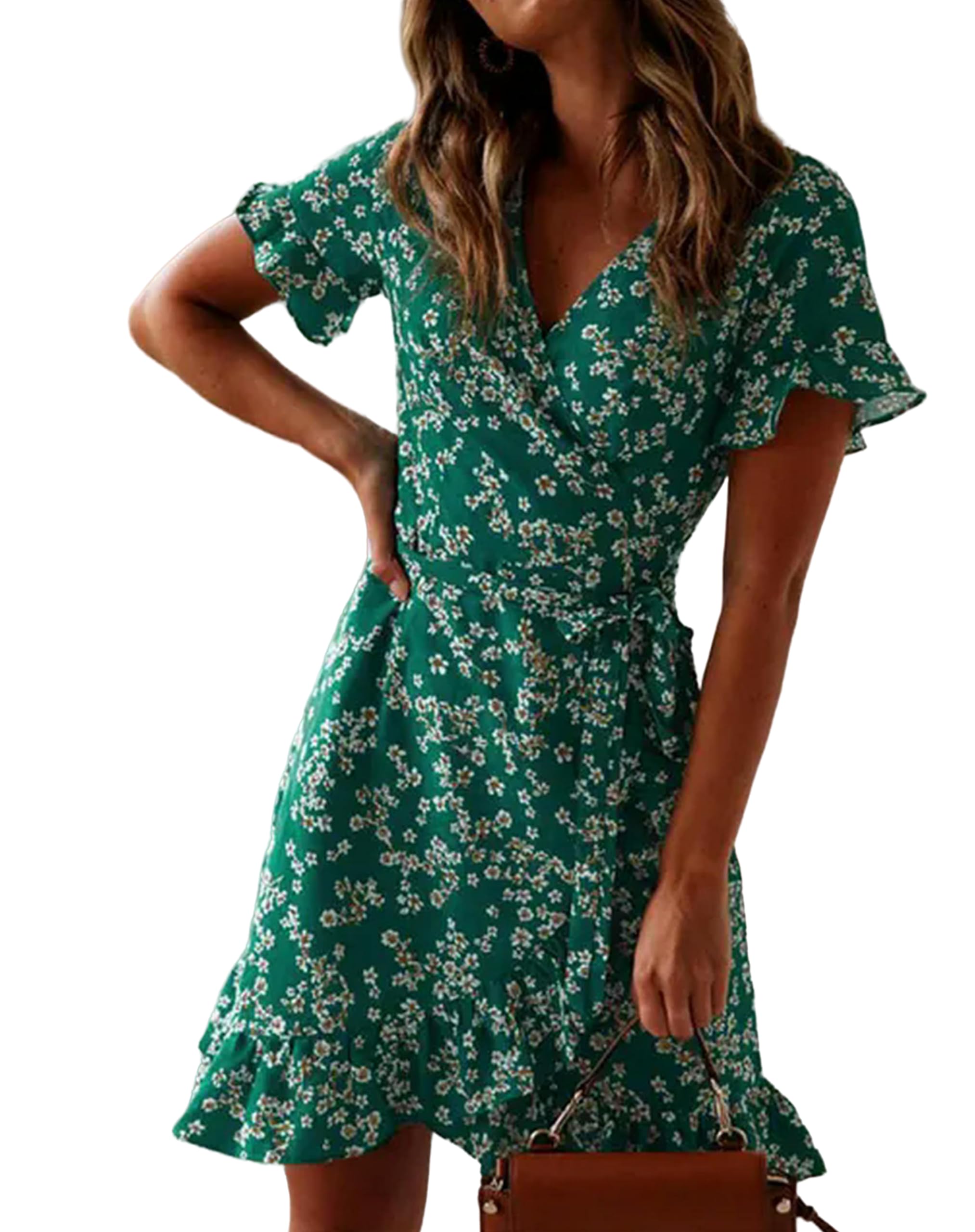 Juketron Vestidos de Mujer Verano 2024 Sexy Cuello en V Estampado Floral Boho Vestido de Playa Volantes Manga Corta una línea Mini Vestido Envolvente Vestido de Verano Bata