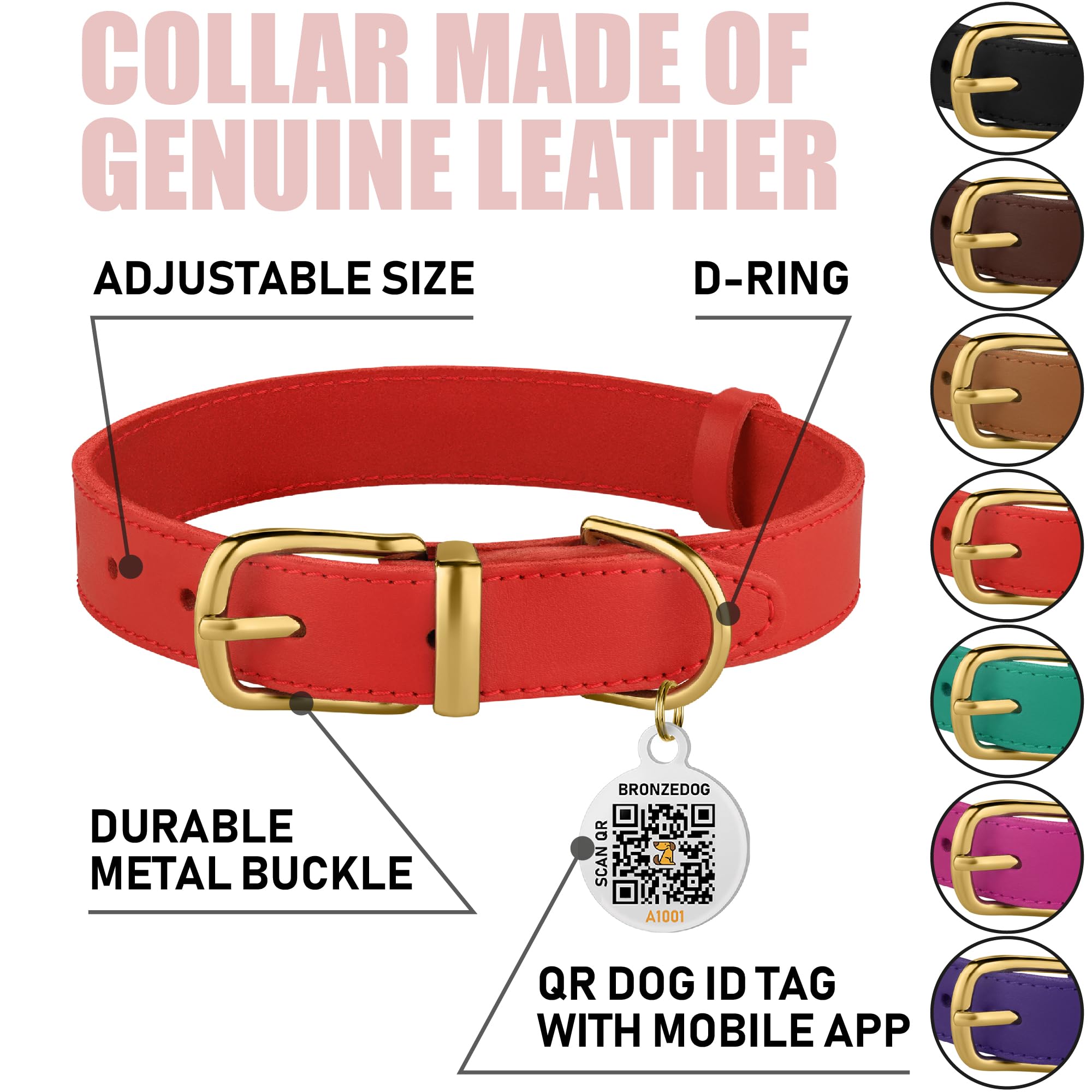 BronzeDog Leder-Hundehalsband Mit QR-ID-Tag – Verstellbar, Für Kleine & Mittlere Hunde, In Grün Mit Goldener Schnalle