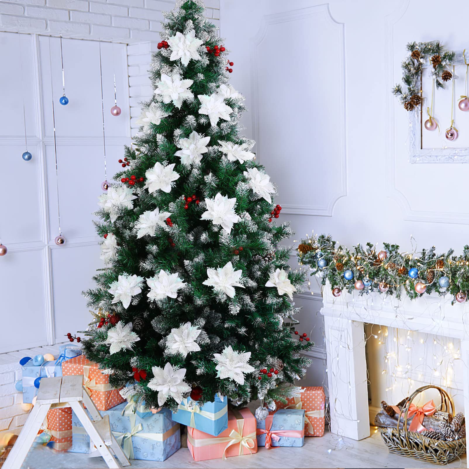Toyvian Poinsettia Artificial Poinsettia Christmas Decorations Glitter Christmas Tree Flowers Decorations Novetly Artificial Chritstmas Flowers for Xmas Tree Decorations with Clips - Image 4