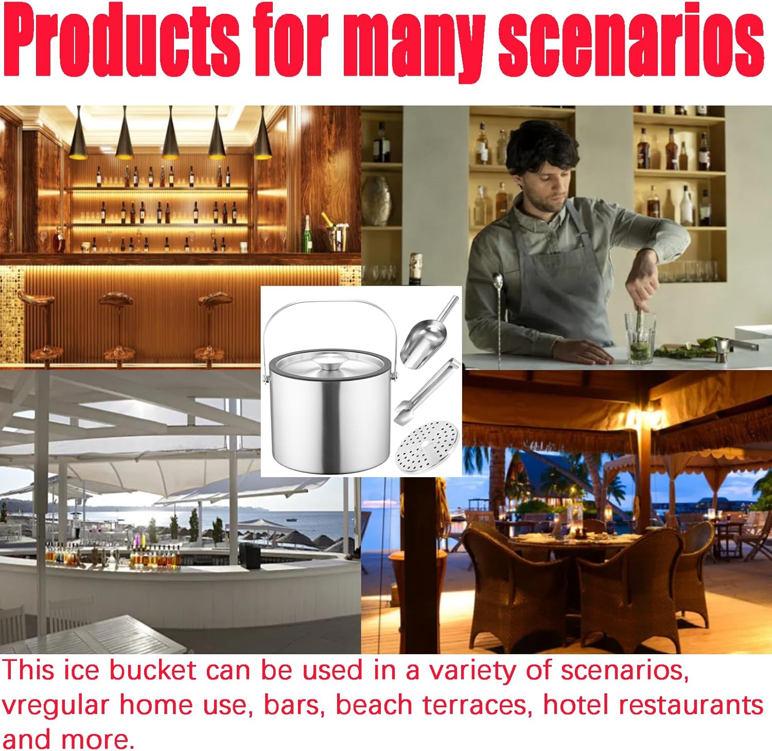 3L Double-Wall Insulated Ice Bucket with Lid, Ice shovel &Tongs and Strainer, Stainless Steel Ice Bath Tub with Silicone Sealed Lid for Wine, Ice Buckets for Parties, Wine Chiller, Light Sliver - Image 3