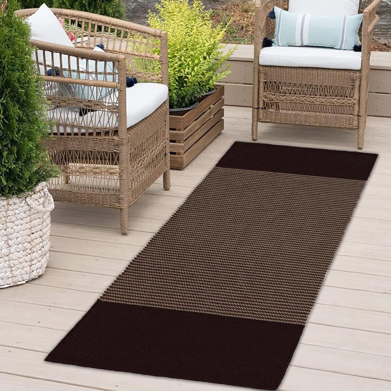 STONEMUNK Reversible Cotton Rectangular Floor Mat Carpet Rug Runner Bedside Runner for Bedroom, Bathroom, Kitchen Yoga & Home Machine Washable - (Coffee Stripe, 2x5 Feet)
