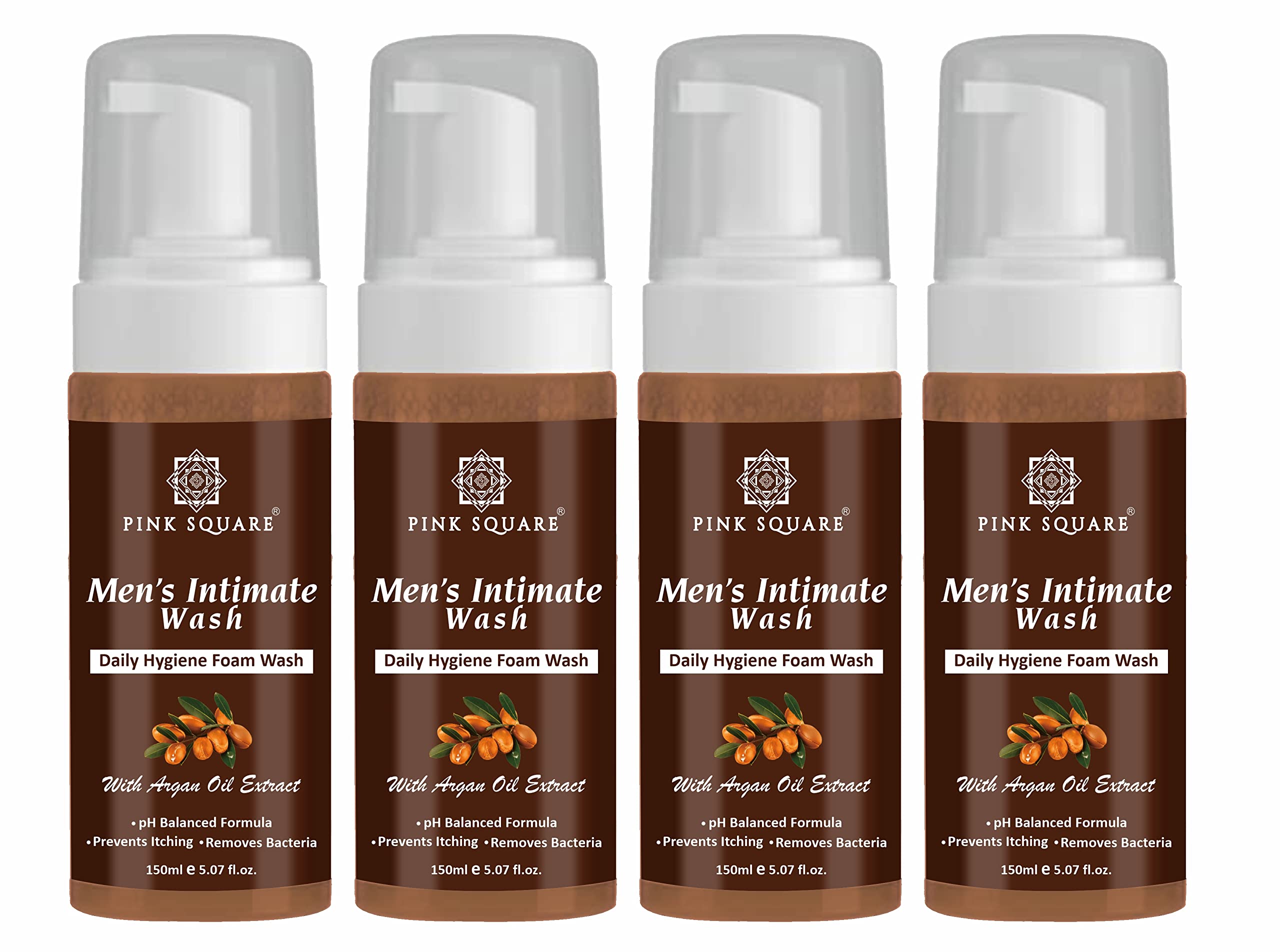 Pink Square Natural Men's Intimate Wash with Argan Extract Maintain PH Balance Intimate Daily Care| Better Private Parts Hygiene Body Wash Anti-Bacterial Pack of 4 of 150 ML (600 ML)