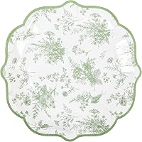 Elyxio Sage Green Floral Toile Disposable Paper Plates 9 Inch Scalloped Edge - 24 Pack for Wedding Bridal Shower Baby Shower Tea Party Decor