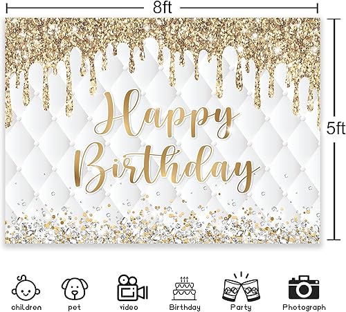 Miniatura 3 de Newsely Telón de fondo dorado blanco de feliz cumpleaños, 8 pulgadas de ancho x 5 pulgadas de alto, para fotografía, puntos con brillantina, fluido