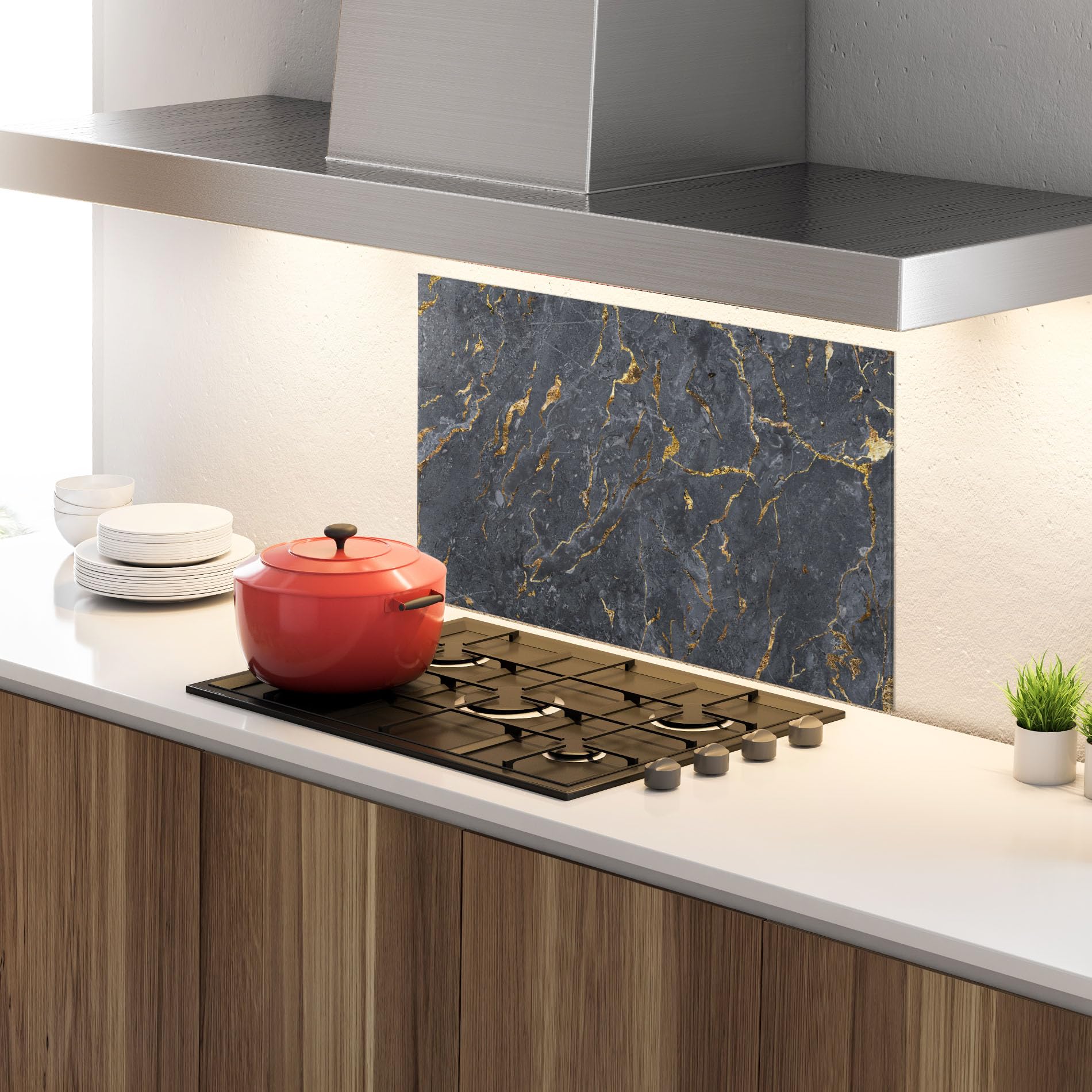 ARTHUB® Crédence de Cuisine en Verre 70x100 cm, Gold Grey Marble | Protection Contre Les éclaboussures, Revêtement Mural en Carreaux, Plaque en Verre, Verre trempé, Abstrait, Marbre