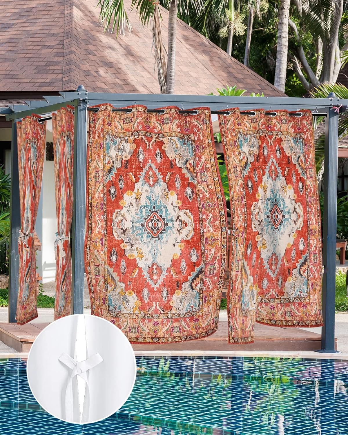 Red Boho Outdoor Curtains for Patio, Waterproof Porch Curtain, Modern Geometric Vintage Abstract Art Aesthetics Grommet Privacy Drapes Curtains for Cabana, Deck, 2 Panel, 54" x 108" x 2