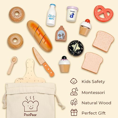 Miniatura 4 de PairPear Juguete de madera para panadería, juego de comida para niños, 22 piezas de juguetes de cocina para niños pequeños de 3 años, accesorios de