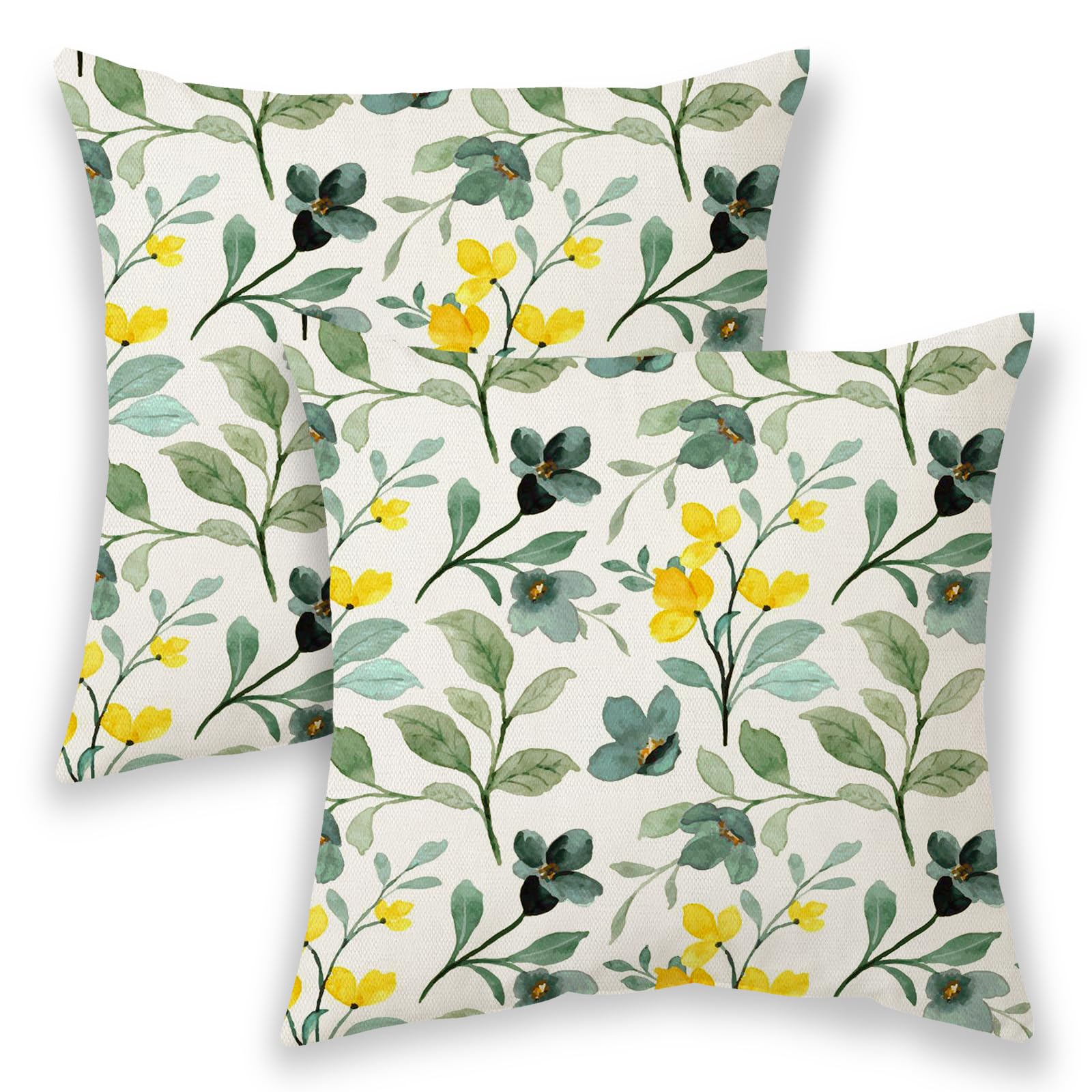 BETGINY Spring Pillow Covers 18x18 Inch 2 Pcs, Sage Green Olive Yellow Flower Decorative Throw Pillows,Vintage Plant Floral Summer Seasonal Outdoor Decor Pillowcase Linen Cushion Cover for Couch Sofa