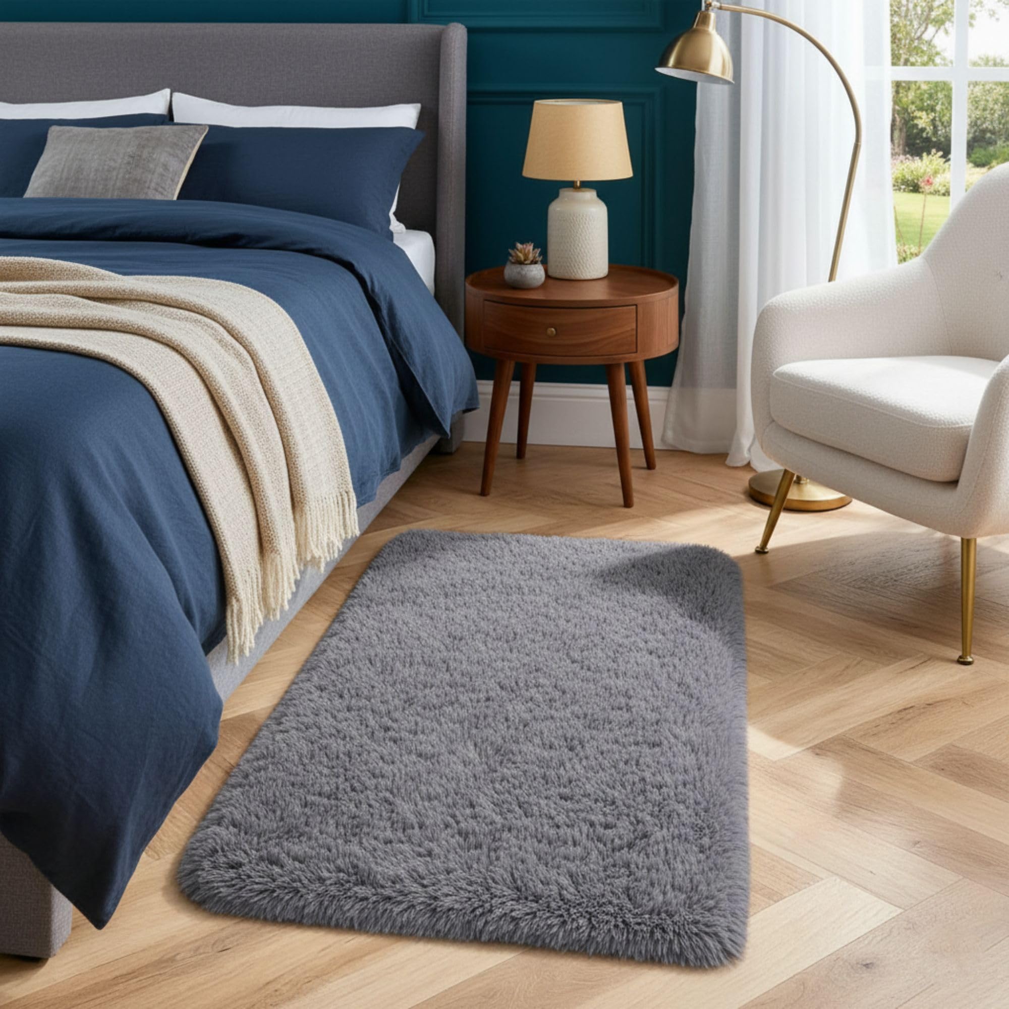 Hafaa Fluffy Shaggy Rugs Living Room Grey 60x110 cm, Soft Thick Pile Carpet Bedroom, Non Slip Small Bedside Rug for Kids Nursery Room Non-Shedding — image 1