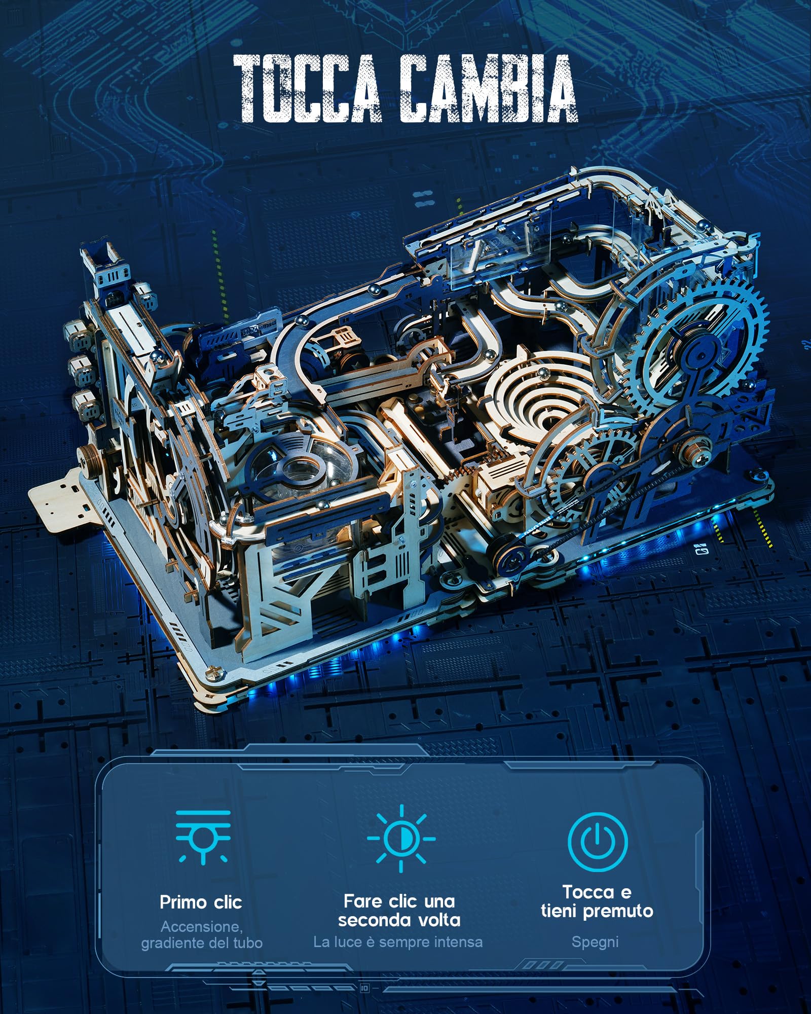 ROKR Piste da corsa Puzzle 3D Legno Modellini da Costruire in Legno, Kit Modello Meccanico a Motore con sfere, Modalità Automatiche, Marble Spaceport & Night City & Kit di collegamen, LGC01 LGA01 LG01