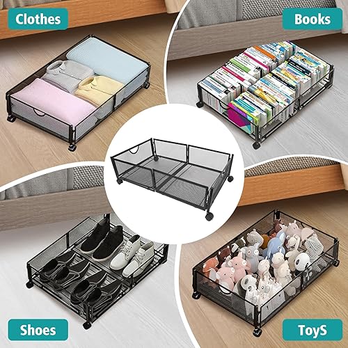Miniatura 4 de Kmise Almacenamiento debajo de la cama con ruedas, 2 recipientes de almacenamiento de metal debajo de la cama para dormitorio, ropa, mantas, libros