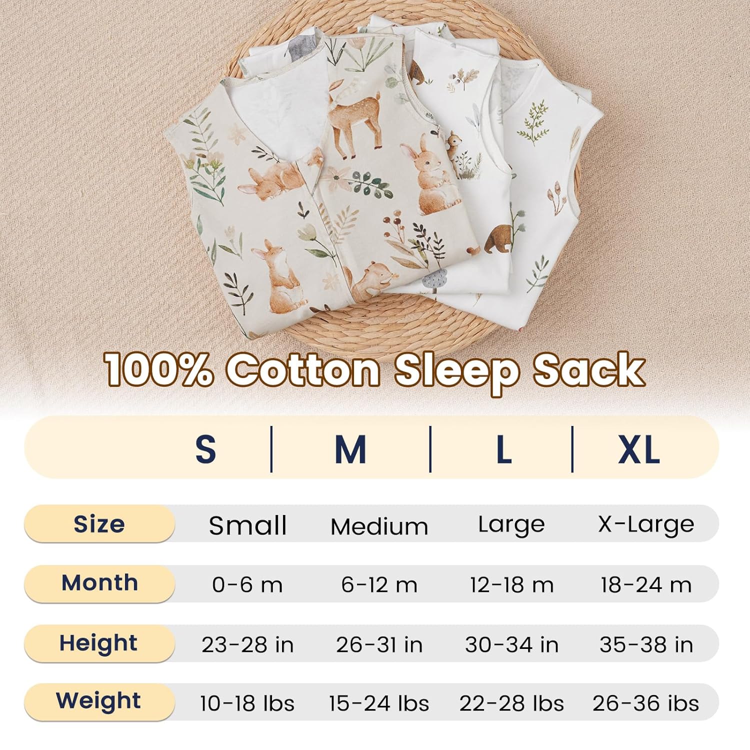 PHF Soft Baby Wearable Blanket 18-24 Months 100% Cotton Wearable Blanket, 2-Way Zipper 0.5 TOG Toddler Sleeping Bags 3 Pack, Comfy Sleep Bag for Baby Boys Girls, Woodland (X-Large) - Image 6
