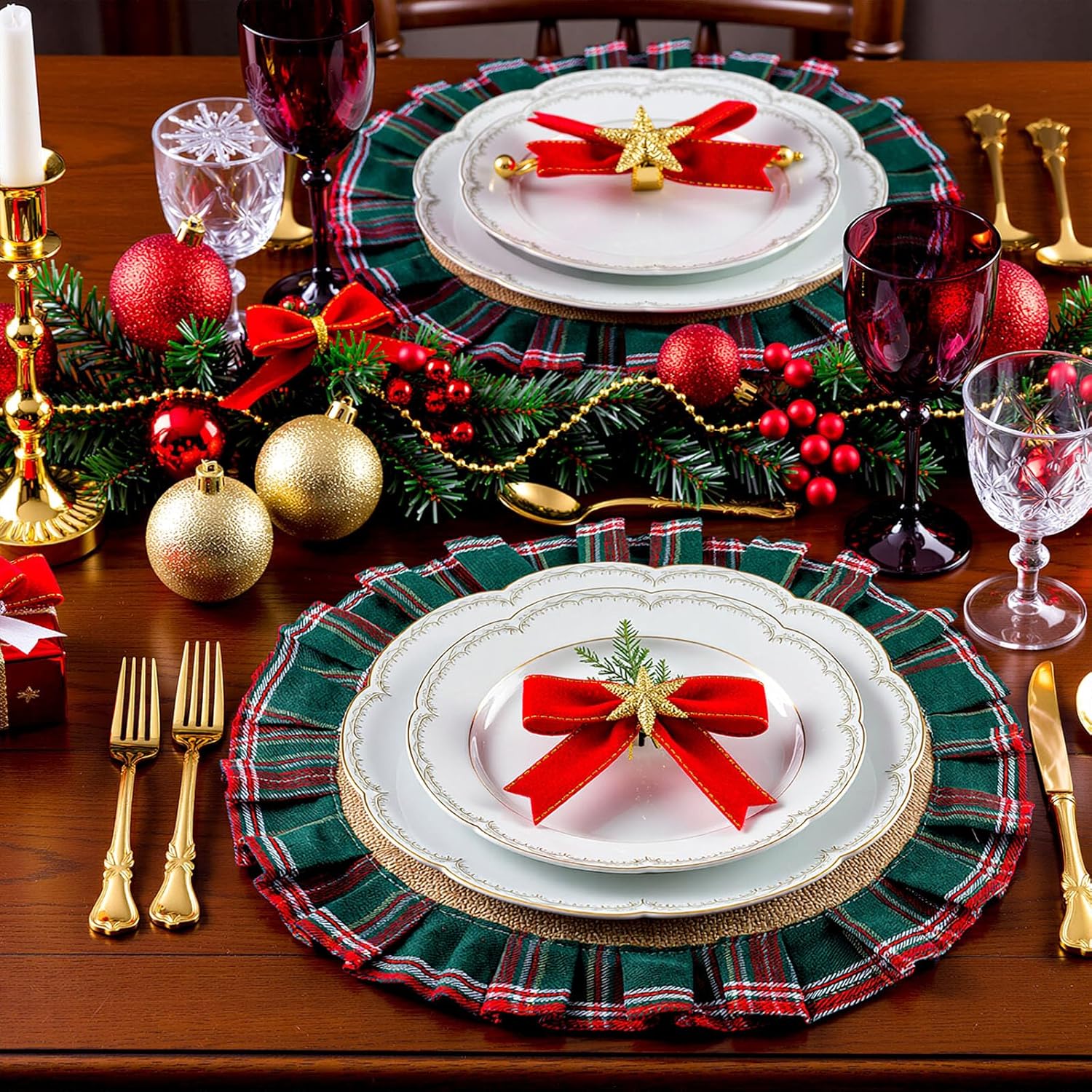 12 Set Round Christmas Plaid Placemats 15.7 Inch Christmas Checkered Tartan Table Mats Xmas Faux Burlap Fabric Table Mats for Xmas Holiday Dinner Party Decoration(Red Green)