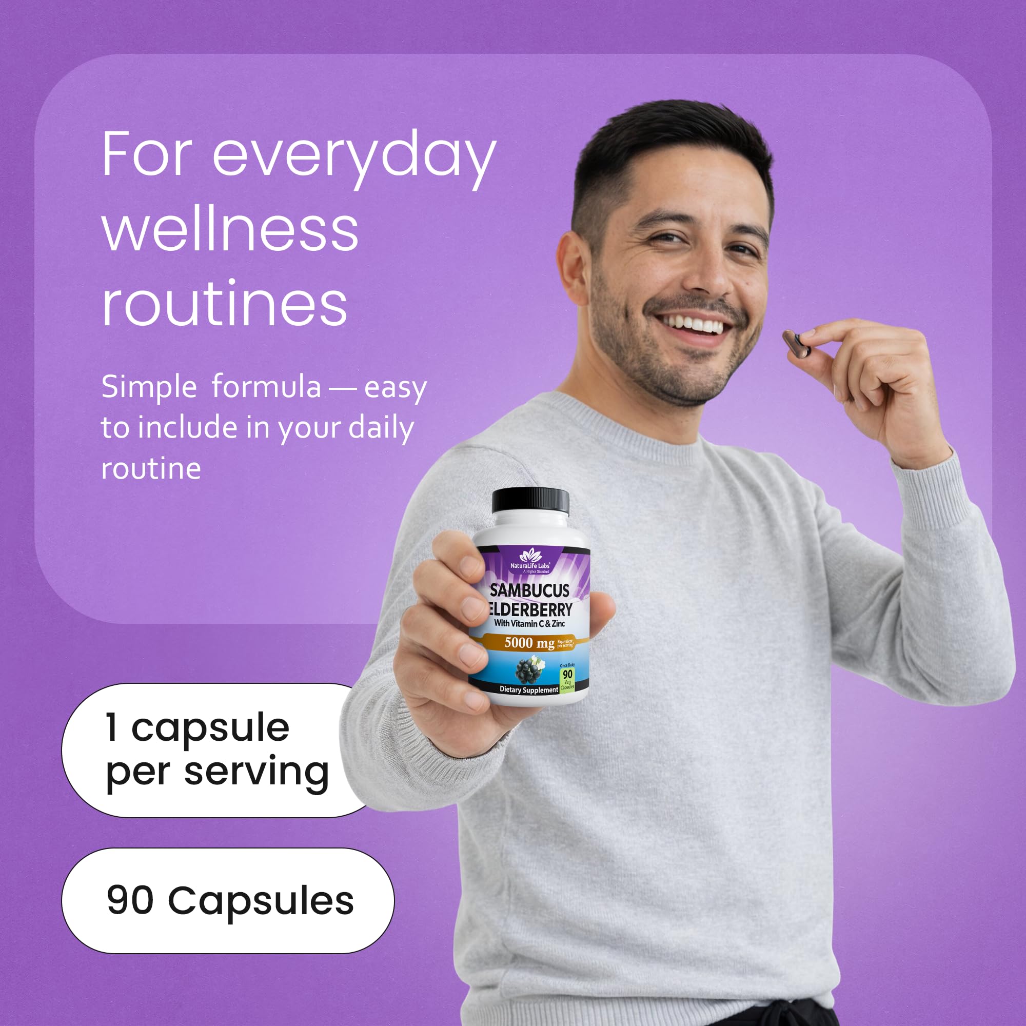 NaturaLife Labs Sambucus Elderberry Capsules – with Vitamin C & Zinc – Immune Support Supplement – 90 Vegan Capsules – Non-GMO & Gluten-Free — Amazon image 4