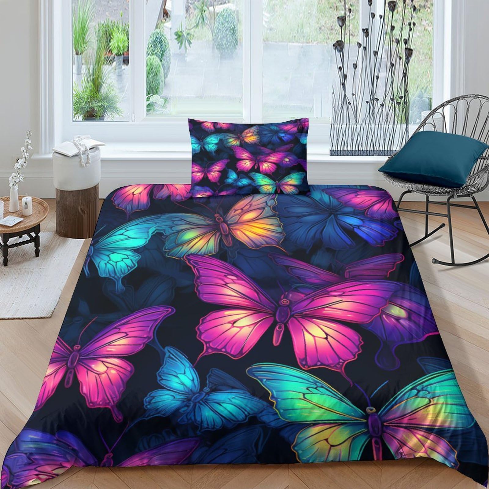 Housse de couette en microfibre facile d'entretien et zippée motif papillons