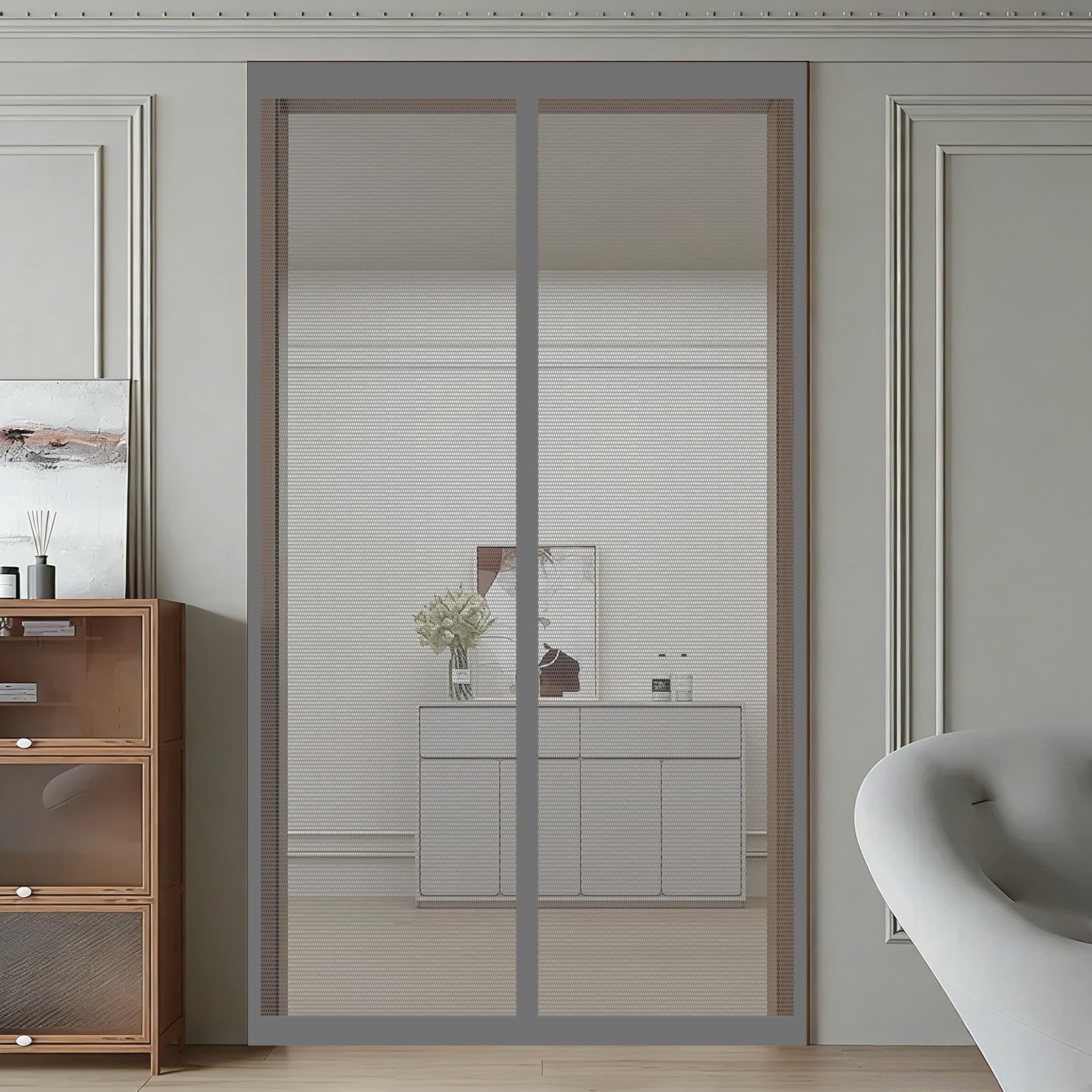 Moustiquaire porte magnétique grise pour aérer les couloirs de la maison