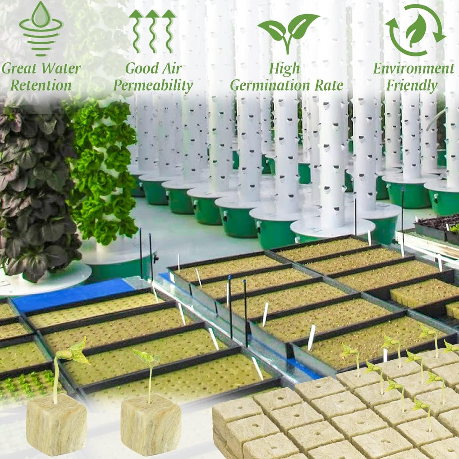 Halatool 2 Inch Rockwool Garden Rockwool Cubes for Hydroponics Rock Wool Planting Cubes for Soilless Cultivation Cuttings Clone Plants Germination Seedlings Start (2 Sheets, 96 Plugs in Total)