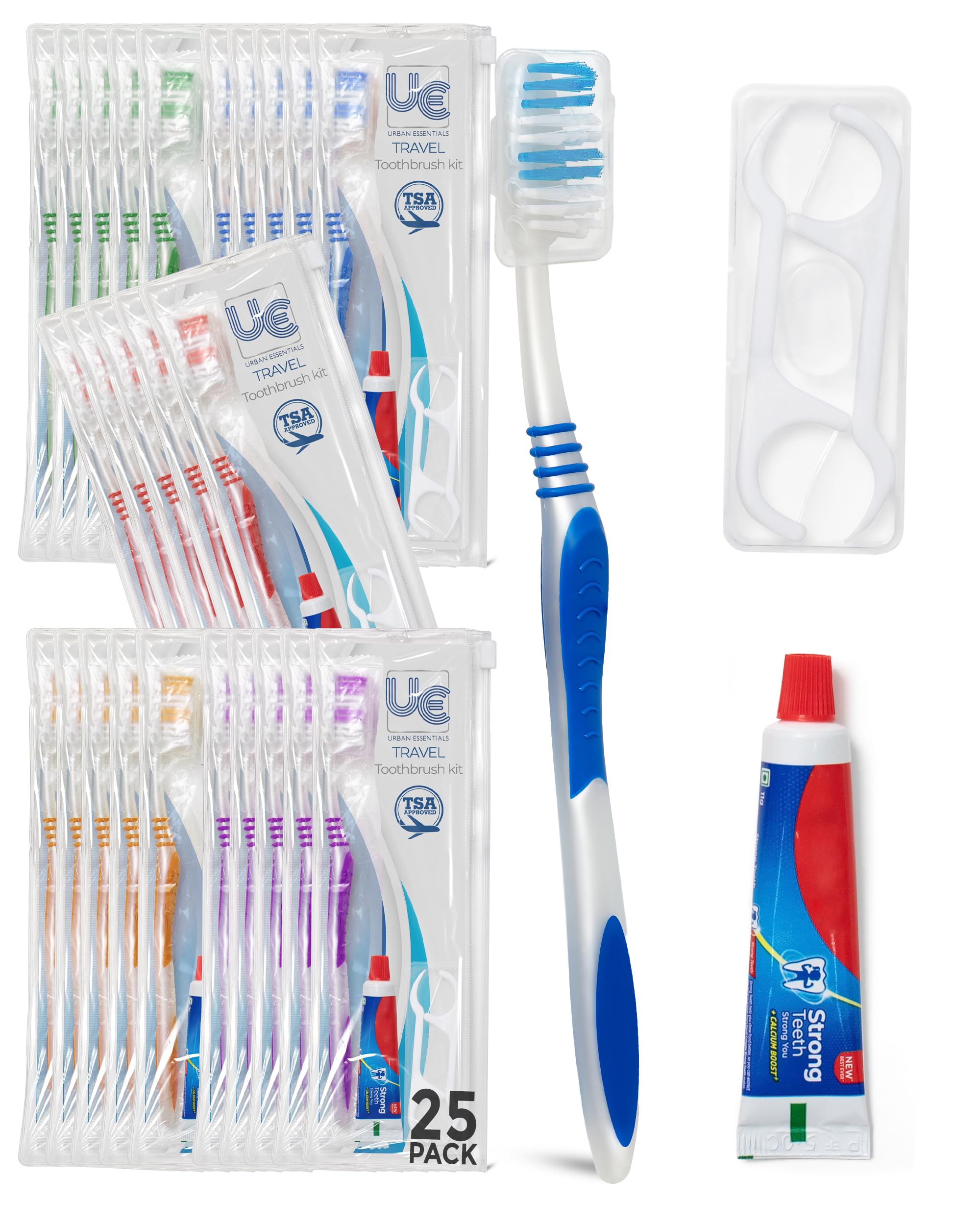 Urban Essentials Bulk Travel Toothbrush Kit - Includes Toothbrush + Cap, Toothpaste, Floss Picks, and Resealable Bag - TSA Approved Dental Care Set - Ideal for Donations Guest Bathroom Essentials (25)