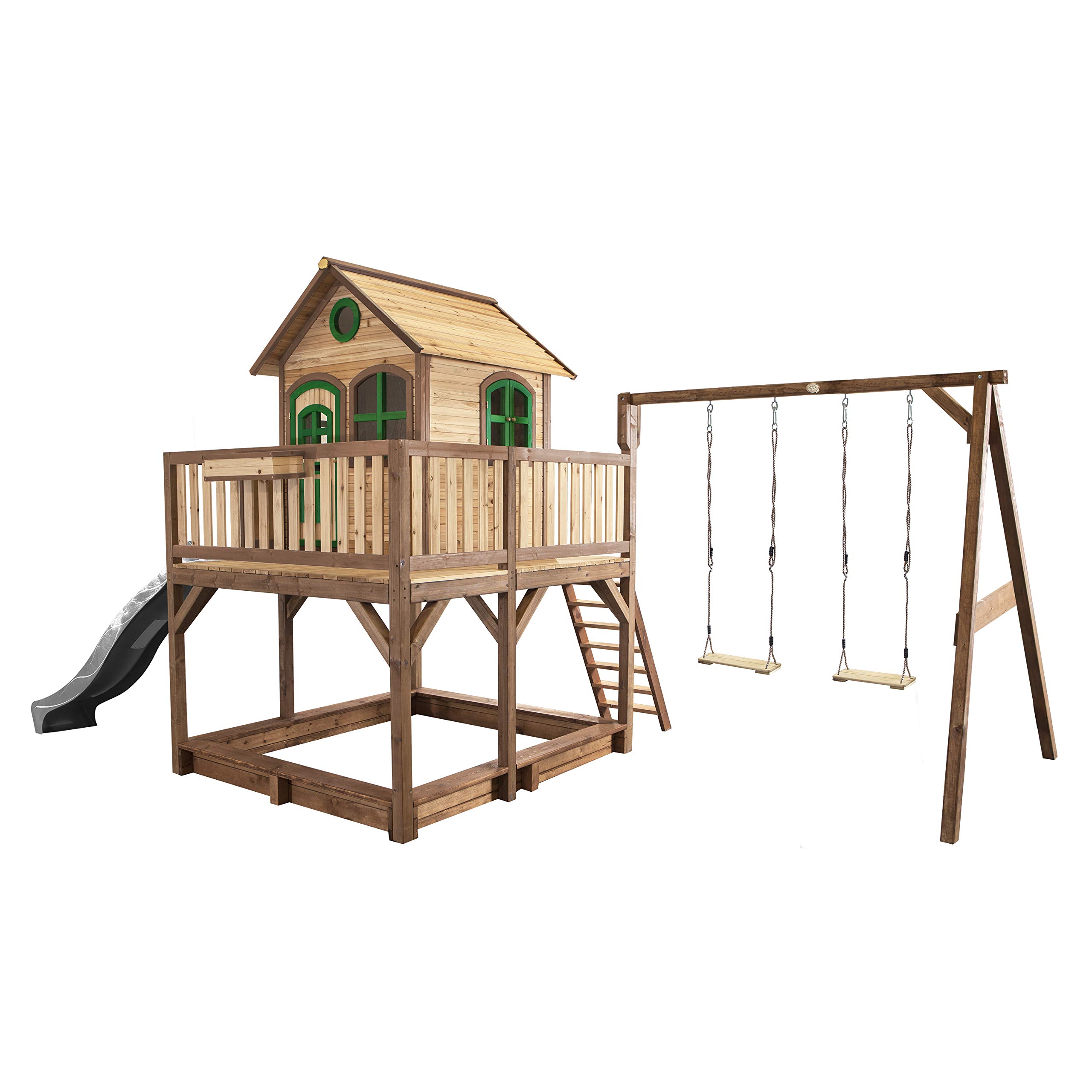 AXI Spielhaus Liam mit Sandkasten, Doppelschaukel & Grauer Rutsche | Stelzenhaus XXL in Braun & Grün aus FSC Holz für Kinder | Spielturm mit Wellenrutsche für den Garten