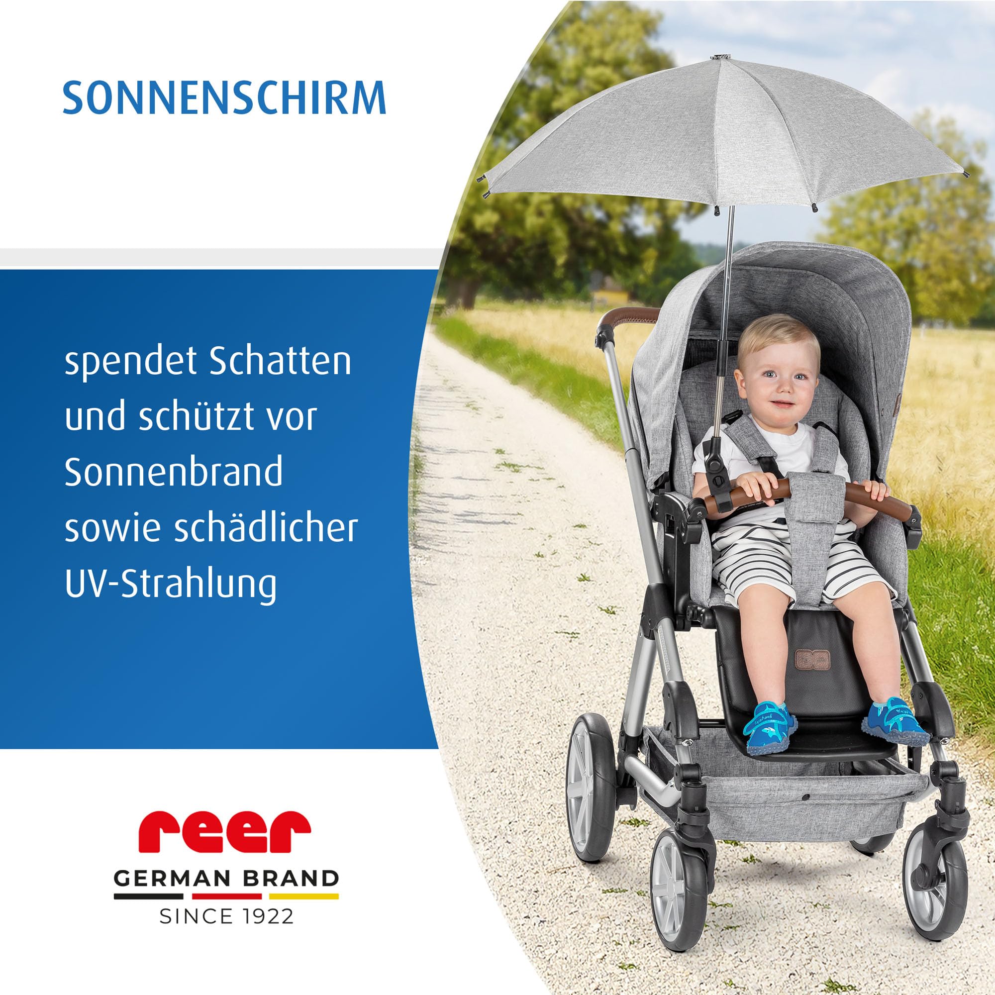 reer ShineSafe Kinderwagen-Sonnenschirm | UV-Schutz (UPF 80+) | universal passend für Kombi- & Sportwagen | Sonnenschutz mit Drehgelenk | aus 100% rPET-Polyester | Einfache Anbringung | Grau-Melange