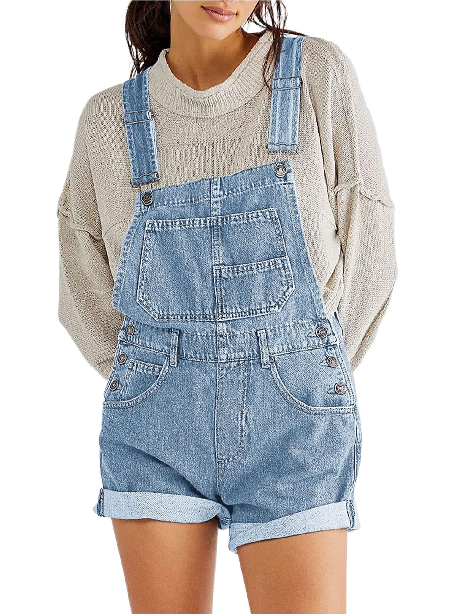 GXNRHG Damen-Denim-Baggy-Trägershorts, Overalls, verstellbare Hosenträger, gerollte Manschette, weites Bein, Kurze Jeans-Latzhose mit Taschen, Y2K-Streetwear