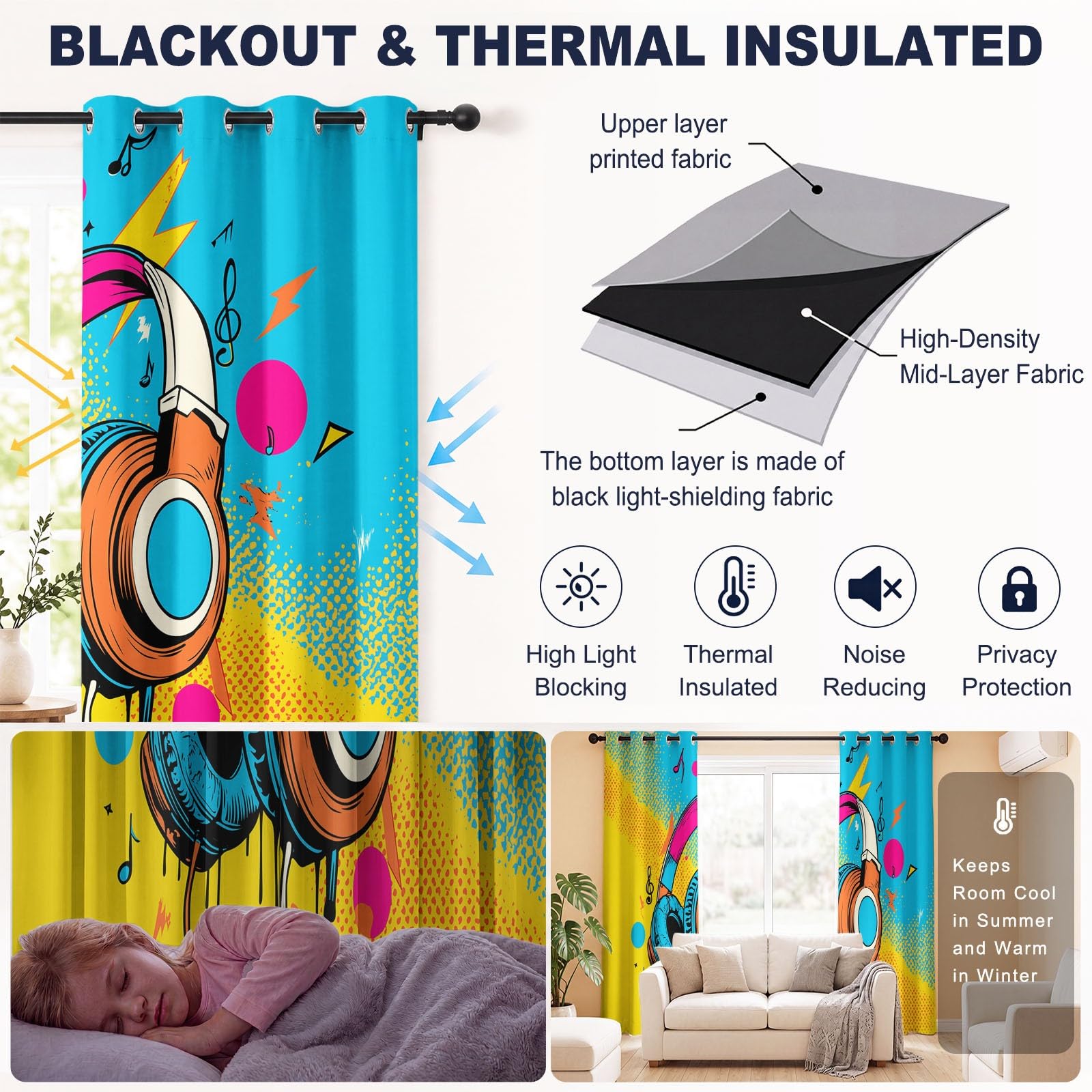 Générique 2 pezzi Tenda oscurante per cuffie audio alla moda sfumata per ragazza ragazzo 140 x 260 cm - Pop musica termica fonica con occhiello per decorazione della finestra camera da letto e