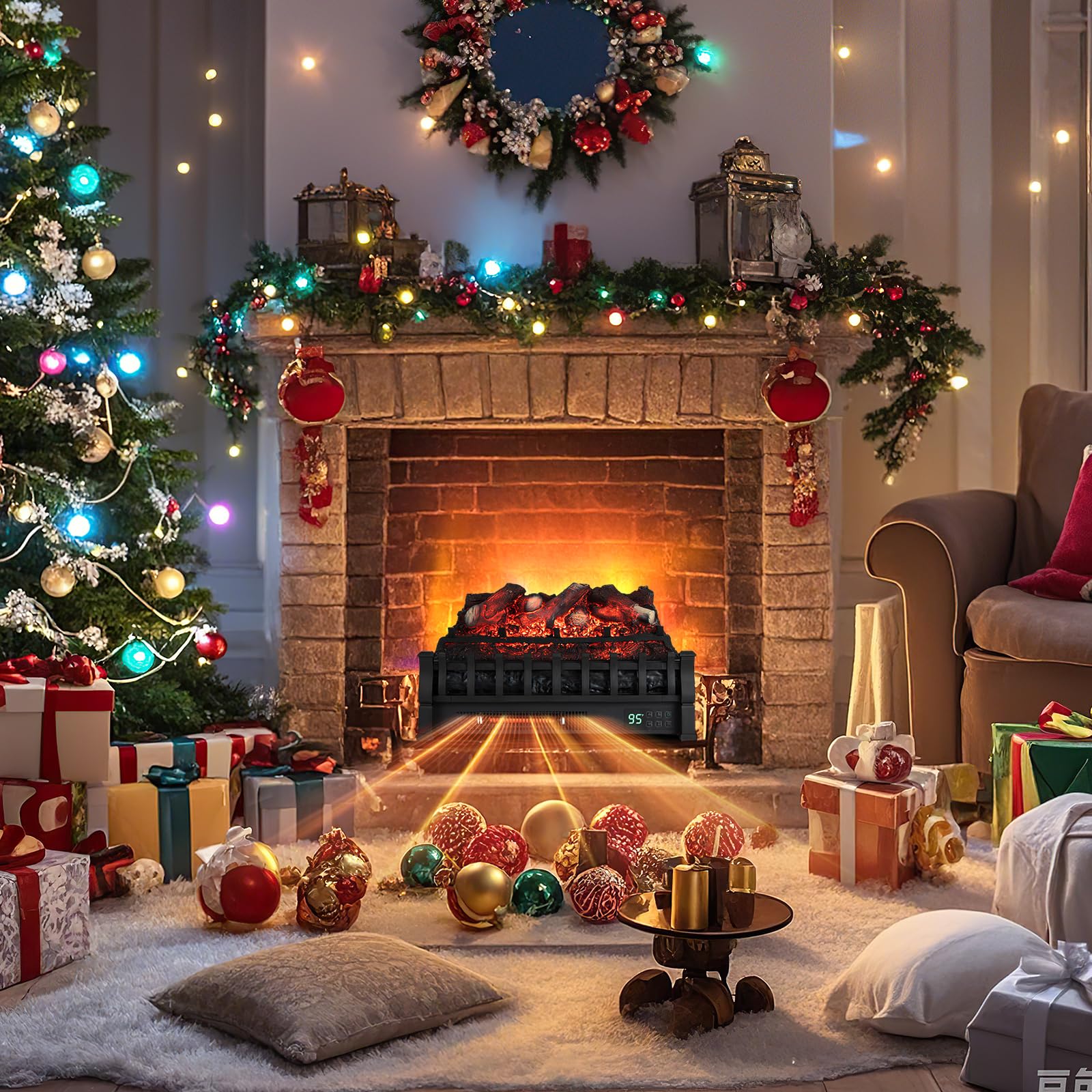 Tangkula 23 Inch Infrared Quartz Electric Fireplace Lemon Wood Log Heater, Fireplace Insert with Remote Control, Adjustable 3D Flame Colors & Brightness, 8H Timer, Overheat Protection, 1500W