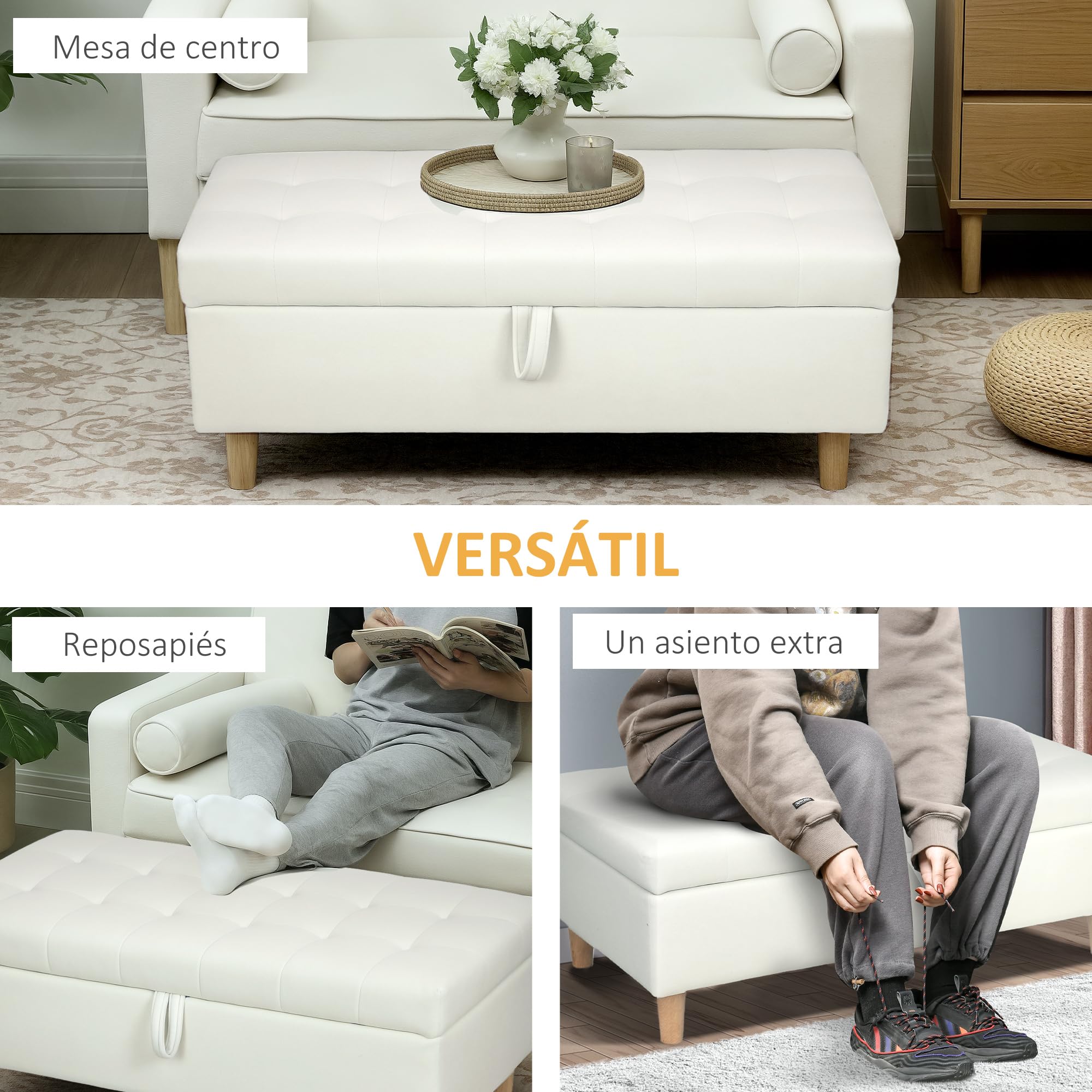 HOMCOM Puff Almacenaje Baúl Tapizado de Terciopelo 100x50x43 cm con Patas de Madera Capacidad 71L Soporta 240 kg Banco Almacenaje para Dormitorio Pasillo Salón Blanco Crema