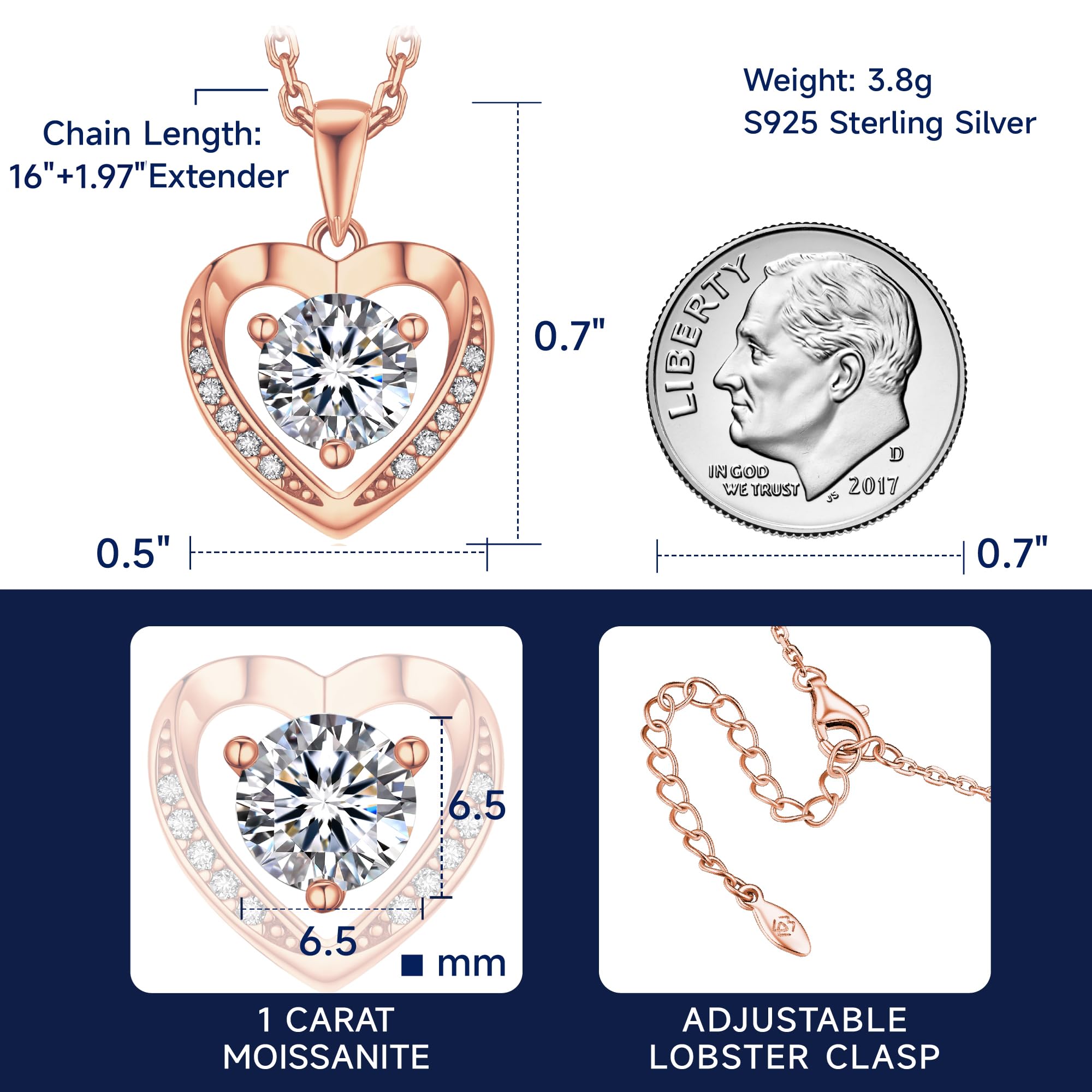 MomentWish Halskette Damen Silber 925 Moissanite Damenschmuck Geschenk | 1-2 Karat Moissanit Kette Geschenk für Frauen Rosegold/Gold Schmuck Damen Weihnachten Valentinstag Jahrestag Liebes Geschenke
