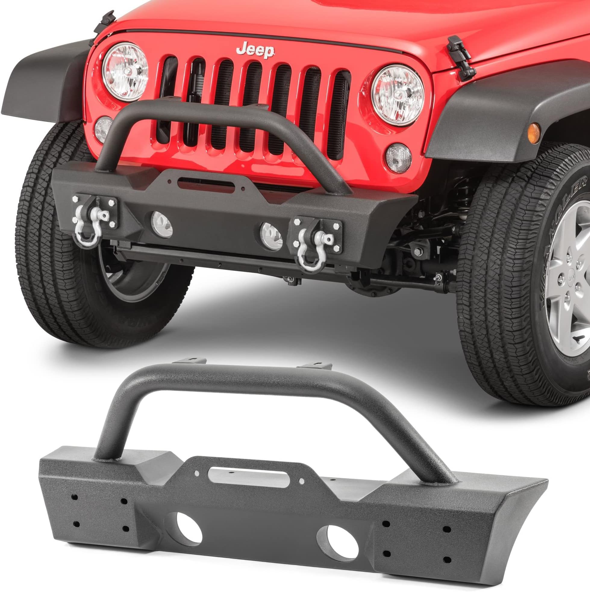 TACTIK HD Stubby Front Bumper with Bull Bar Hoop - Fits Jeep Wrangler JK 2007-2018 - Short Width - Integrated Winch and Fog Light Mounts - Heavy Duty Steel - Includes D-Rings