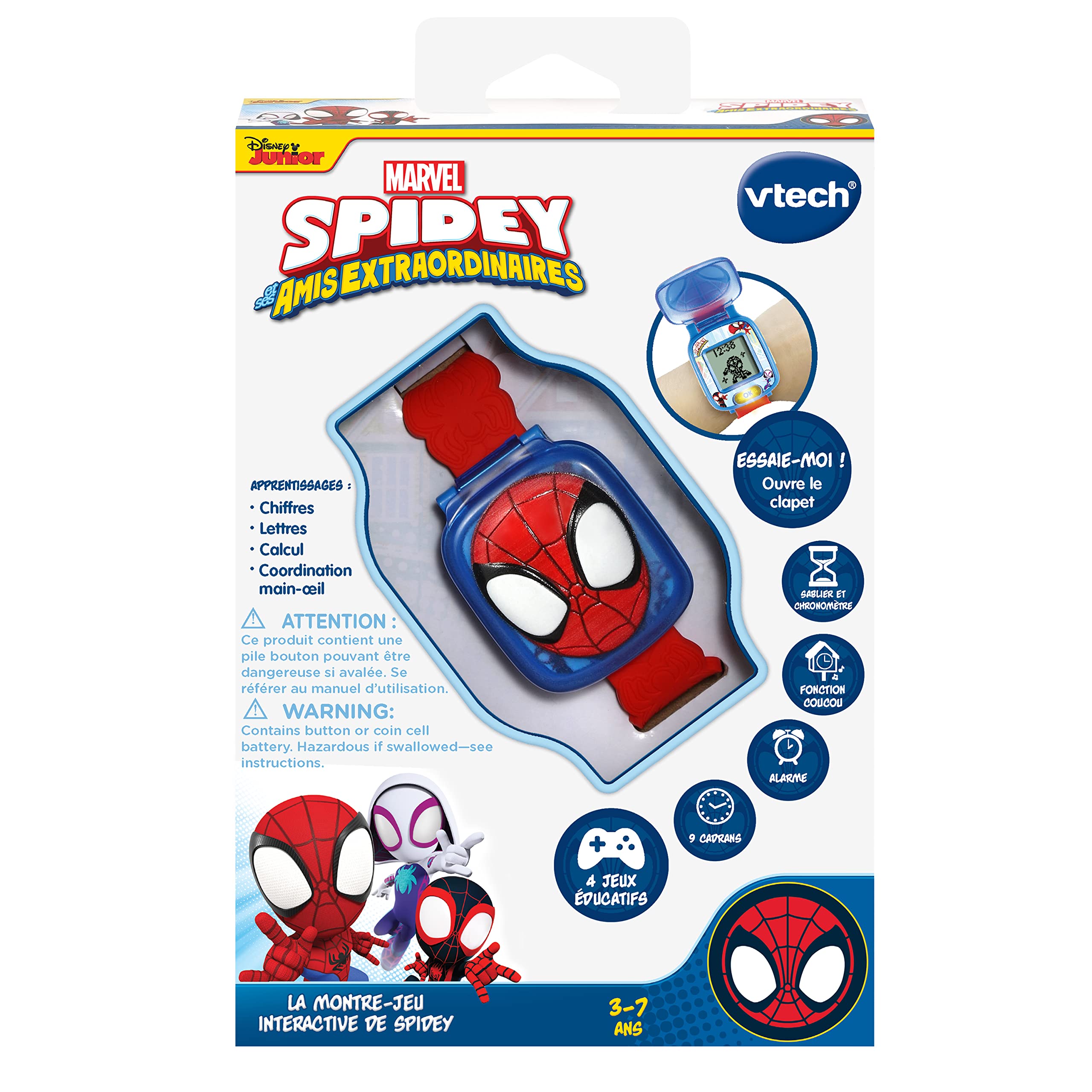 VTech - Disney Junior, La Montre-Jeu Interactive de Spidey, Montre Enfant à Clapet, Écran Animé, Bracelet Souple, 9 Cadrans, 4 Jeux Éducatifs, Cadeau Enfant de 3 Ans à 7 Ans - Contenu en Français