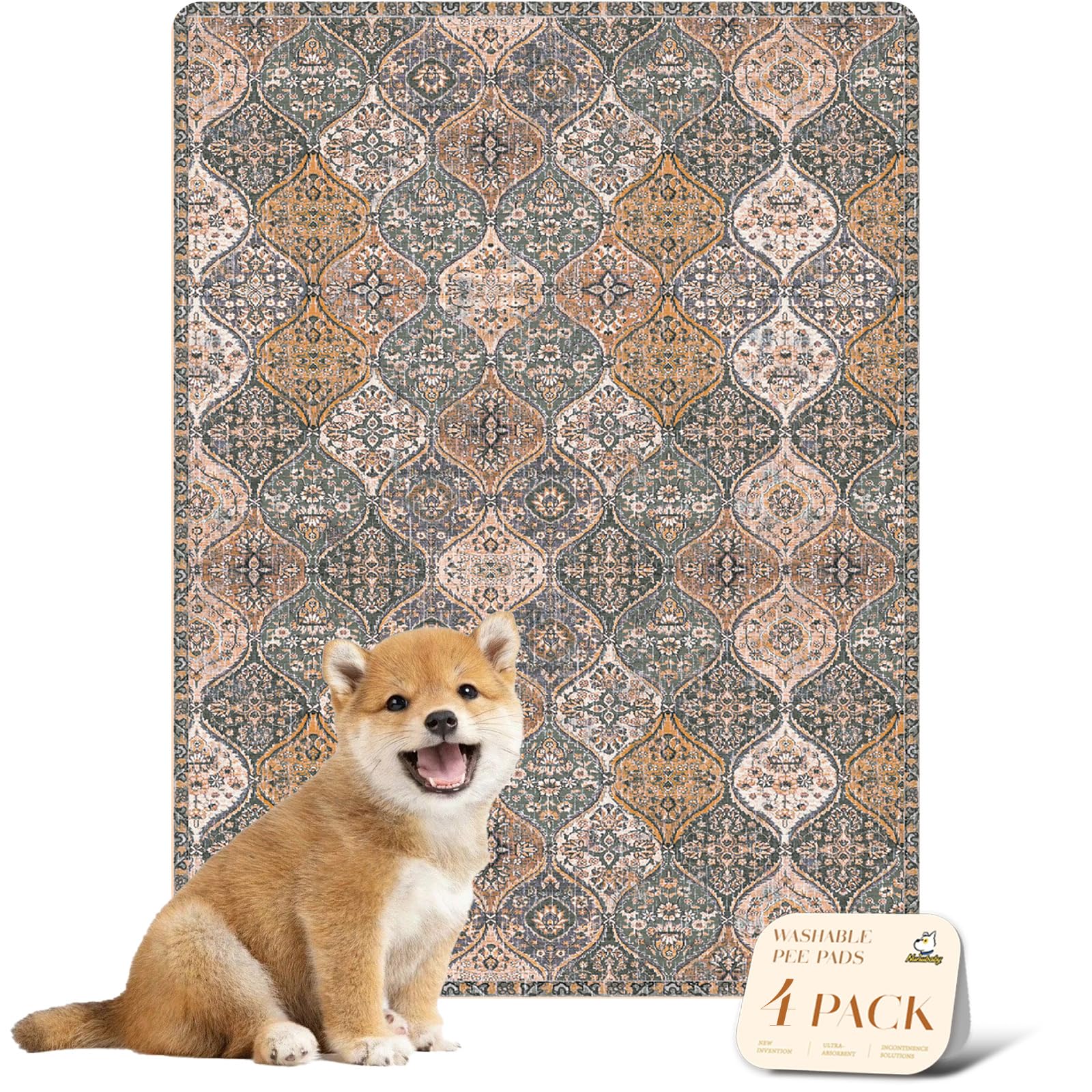 nunubaby 4PACK Washable Pee Pads for Dogs, Stylish, Non-Slip and Leak-Proof Pee Pads. Reusable Potty Pads for Dogs for Crates and Floors.(Brown/Multi,18" x24" )