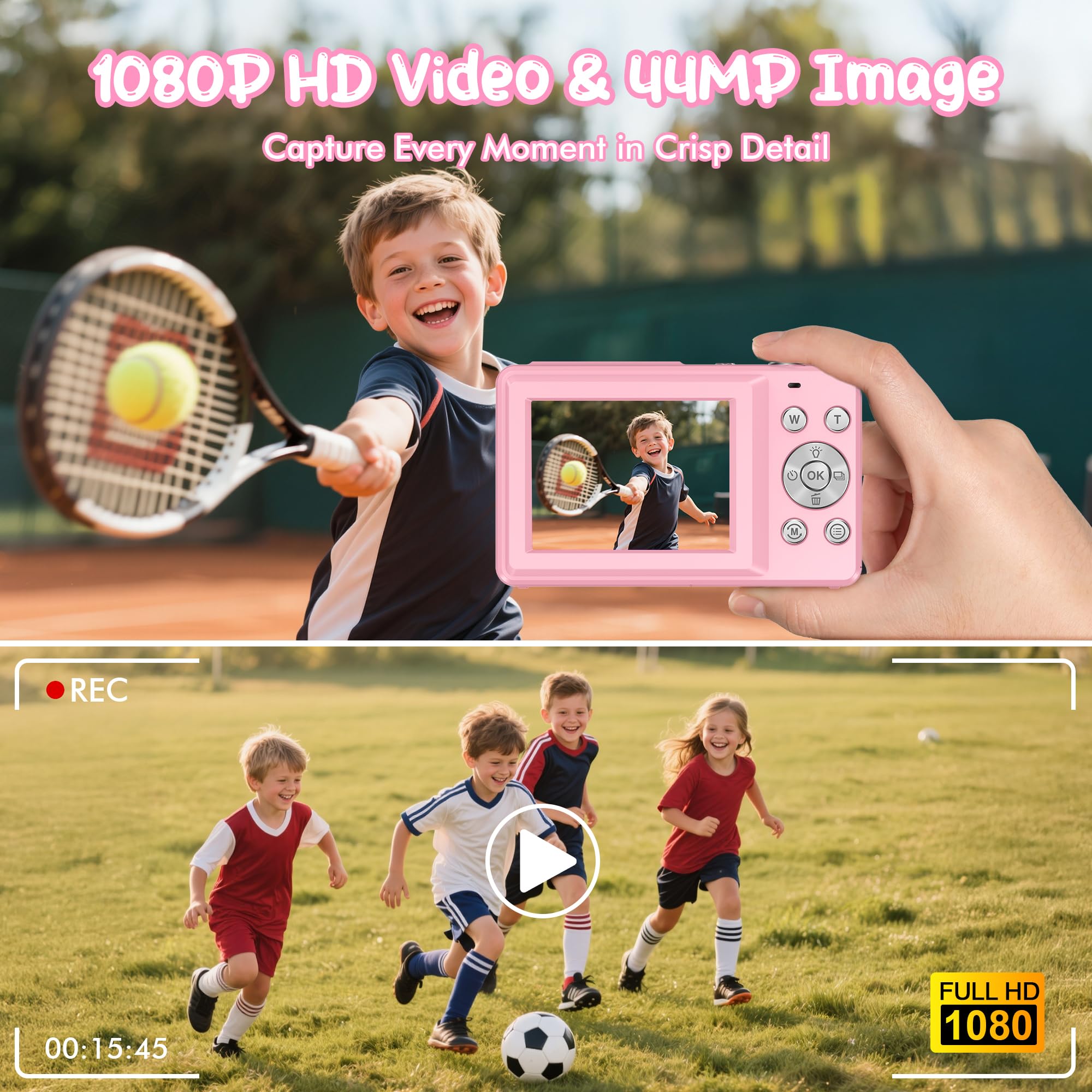 Fotocamera Digitale 1080P 44MP Macchina Fotografica Vlogging per Bambini Ragazzi, FHD Compatta Portatile con Schermo da 2,4" Zoom 16X, Mini Fotocamera Anti-Shake per Principianti Studenti-Rosa - 2
