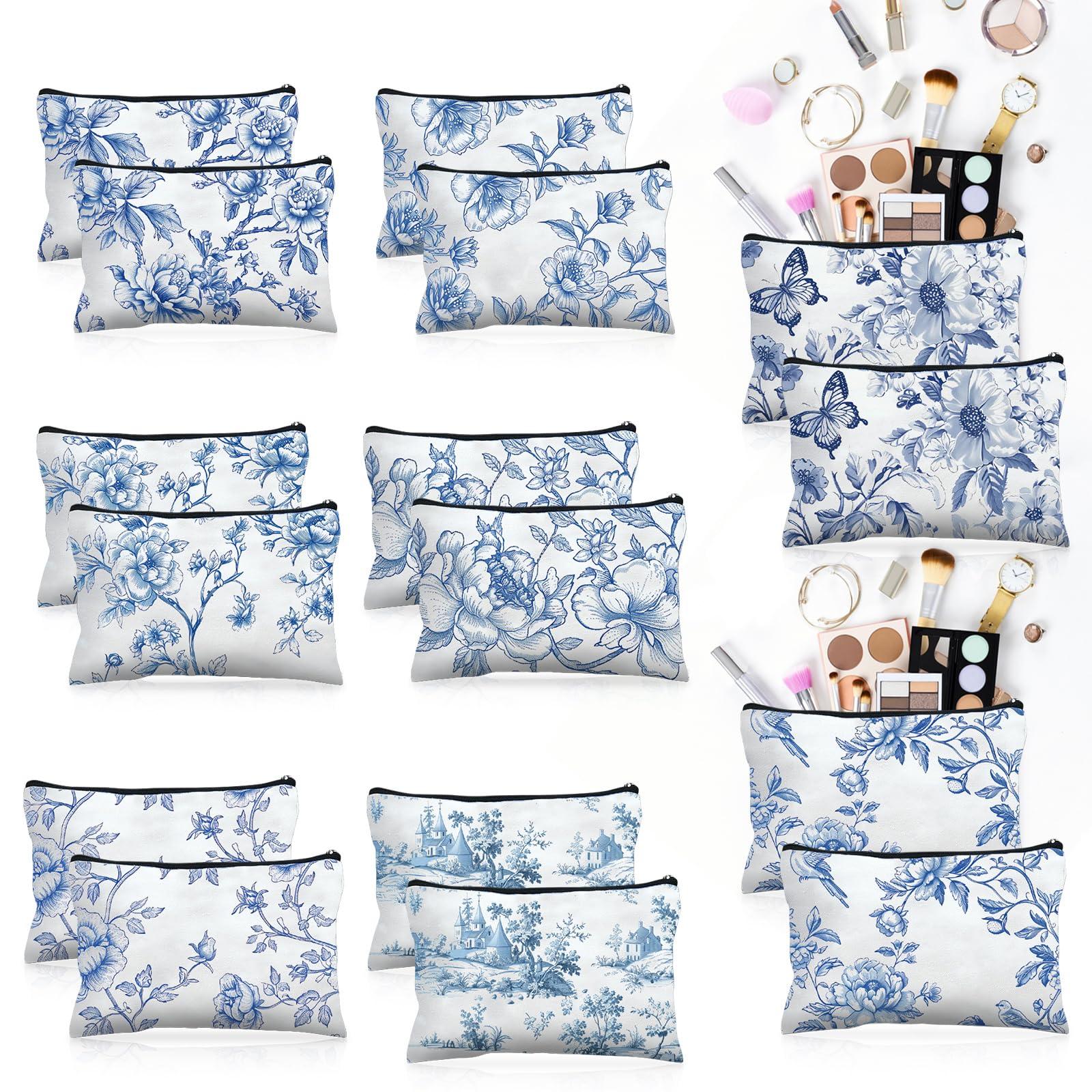 Stuffygreenus 16 Pcs Floral Cosmetic Bags Bulk for Women Blue and White Floral Makeup Bags Chinoiserie Canvas Travel Zipper Pouches Aesthetic Toiletry