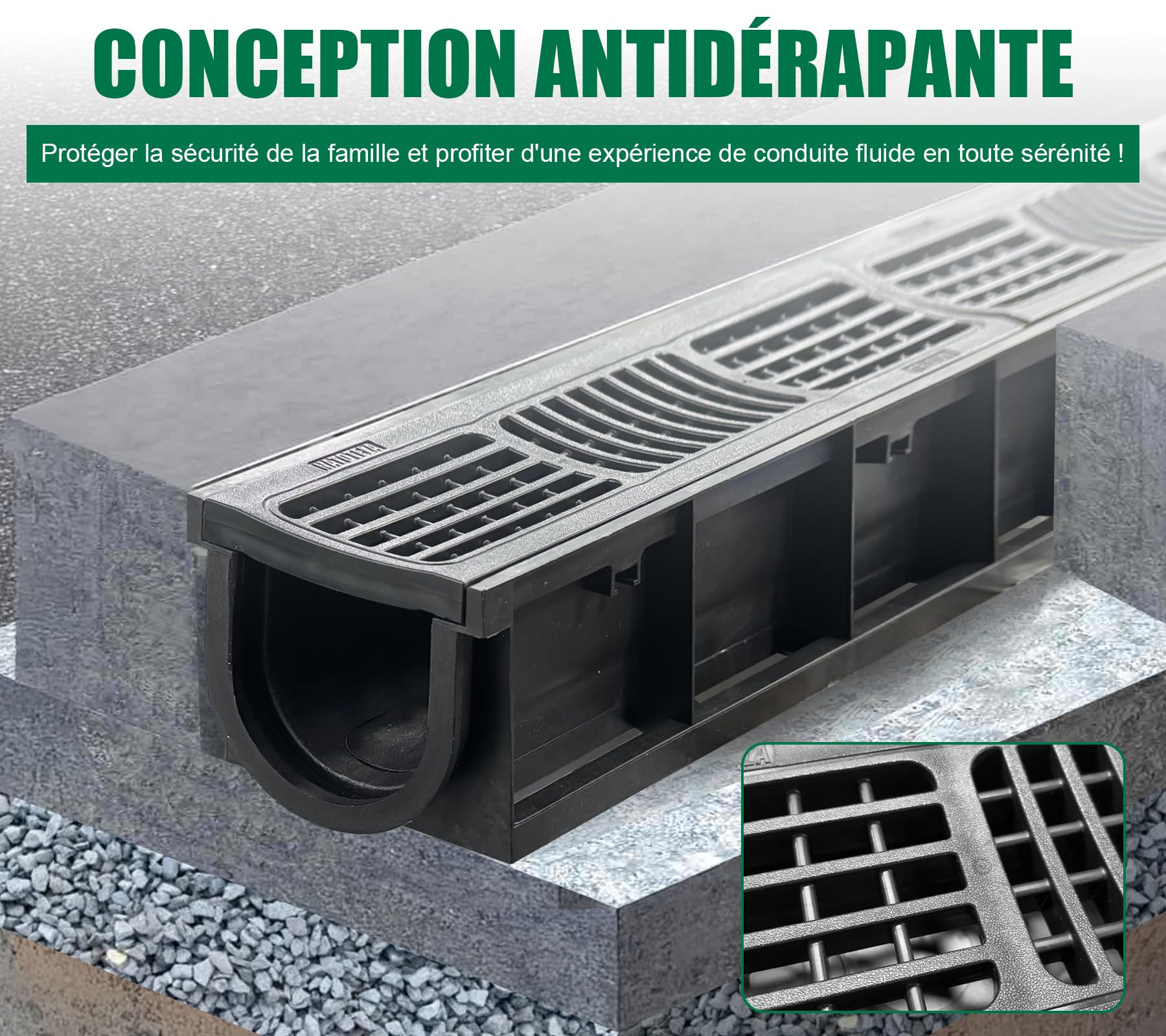 Caniveau Terrasse PEHD Noir 1000x155x140mm B125 Drainage Extérieur Lot de 3