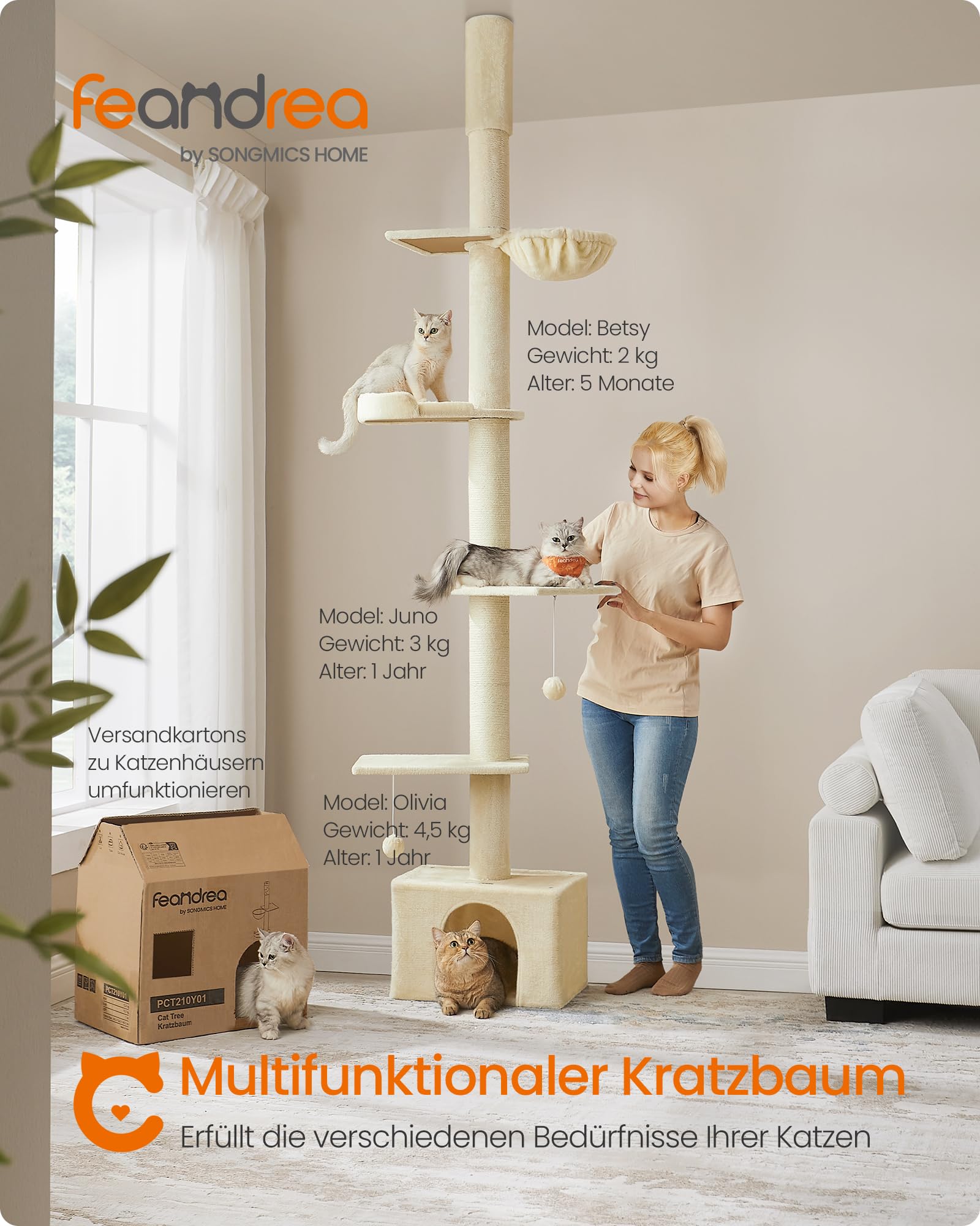 Feandrea Kratzbaum deckenhoch, 231-291 cm höhenverstellbarer Katzenbaum, XXL, hoher mehrstufiger Katzenkratzbaum, 11 cm Dicke Stämme, Höhle, Liegemulde, Plattform, beige PCT210Y01