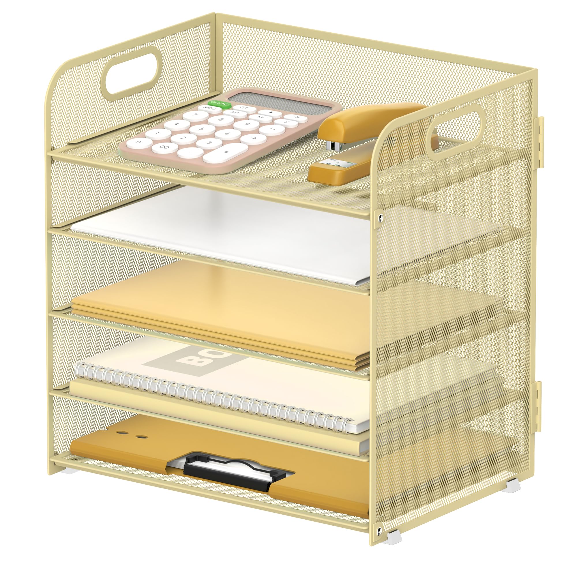 SUPEASY Papier-Organizer mit Griff mit 5 Fächern, Netzstoff, Schreibtisch-Ordner, Brief-Organizer, schwarzer Papiersortierer für Büro, Zuhause oder Schule, Gelb