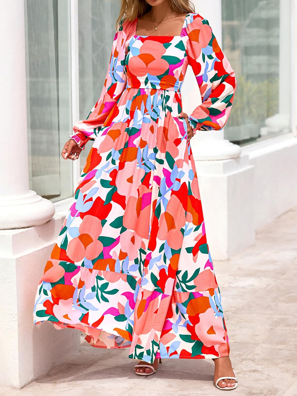 PRETTYGARDEN Women Floral Maxi Dresses 2026 Spring Long Sleeve Square Neck Boho A Line Wedding Guest Casual Flowy Long Dress - Image 2