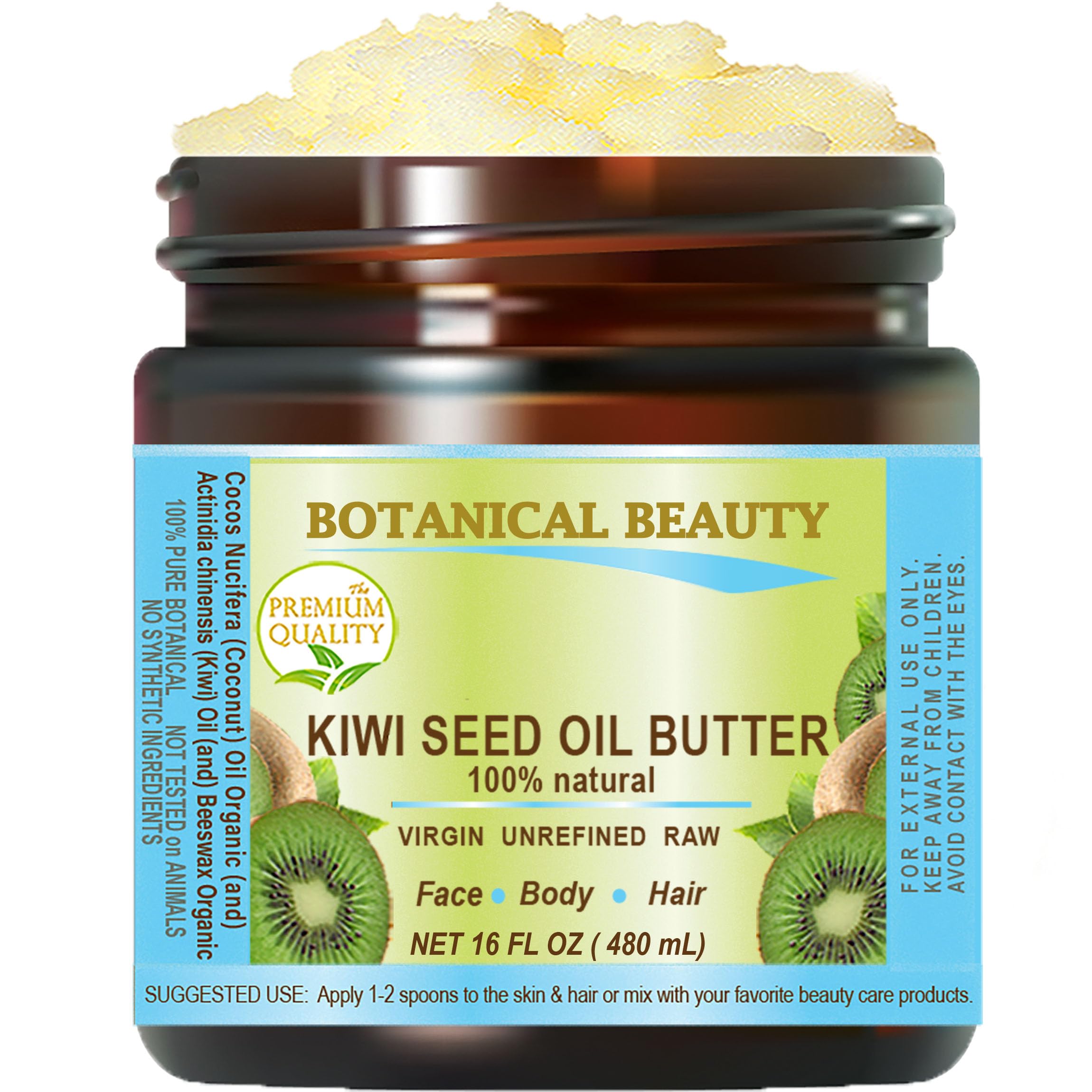 Botanical Beauty KIWI SEED OIL BUTTER RAW VIRGIN UNREFINED Cold Pressed for Face, Body, Hair, Nails, Skin, Hands, 16 Fl. oz. - 480 ml. Rich in vitamin E, vitamin C