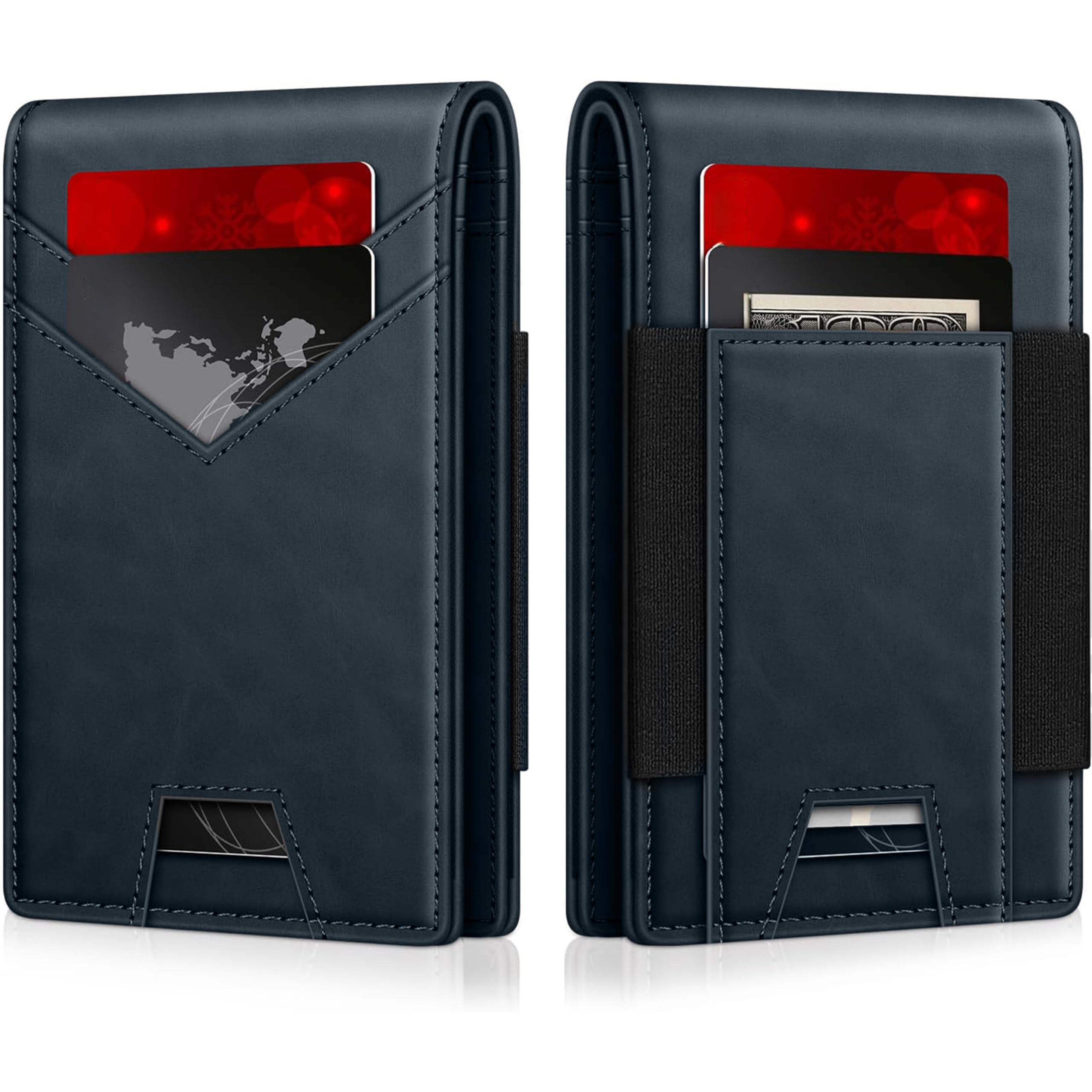 Contacts Slim Leather Bifold for Men | RFID Blocking Card Holder with ID Window | Holds 13–17 Cards, Large Cash Slot | Thin Minimalist Front Pocket Design | Gift for Men (Blue)