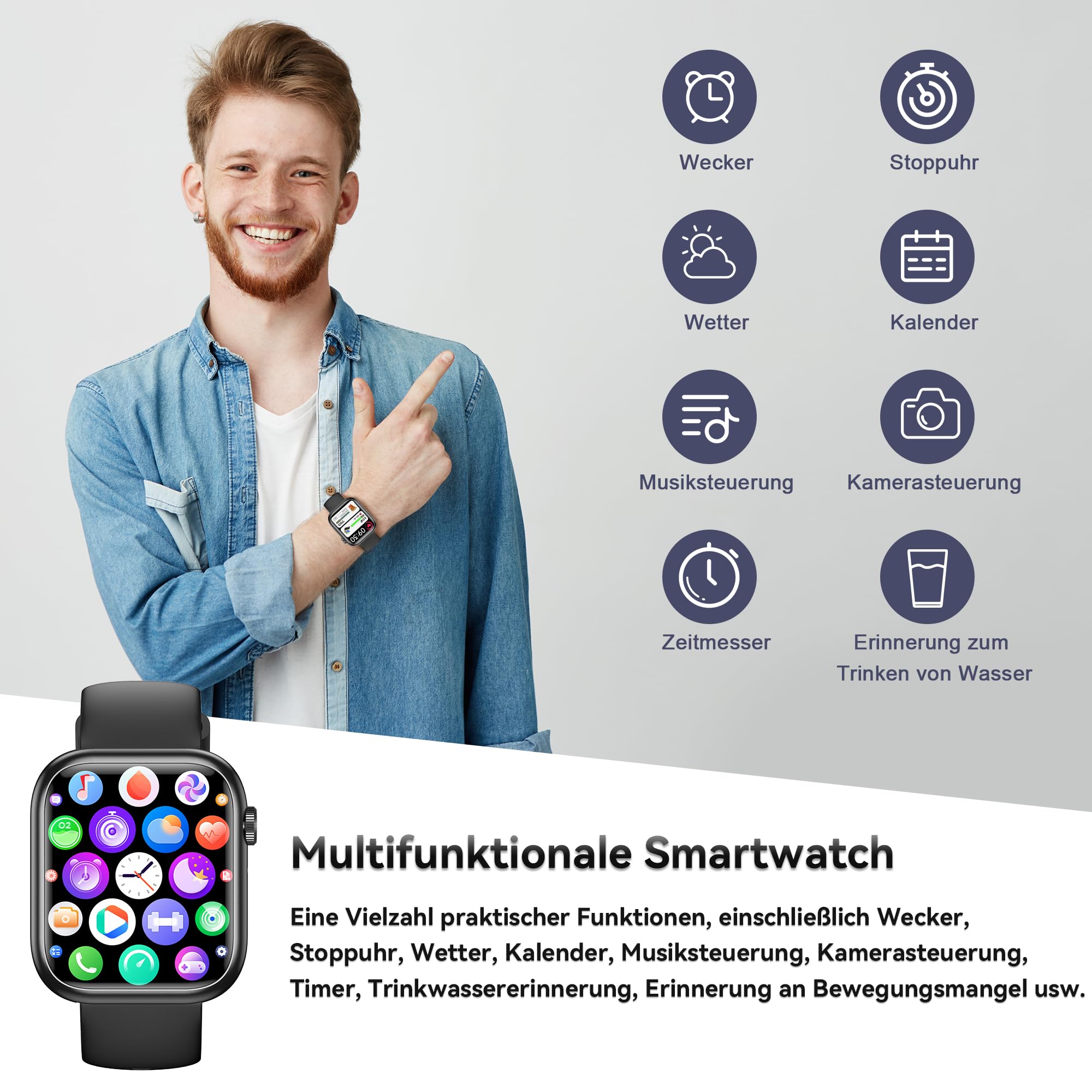 Smartwatch Damen Herren 1.83" HD Fitness Tracker mit Schrittzähler Blutdruckmessung Pulsuhr Telefonfunktion Schlaftracker 120+ Sportmodi IP68 Wasserdicht für iPhone Android