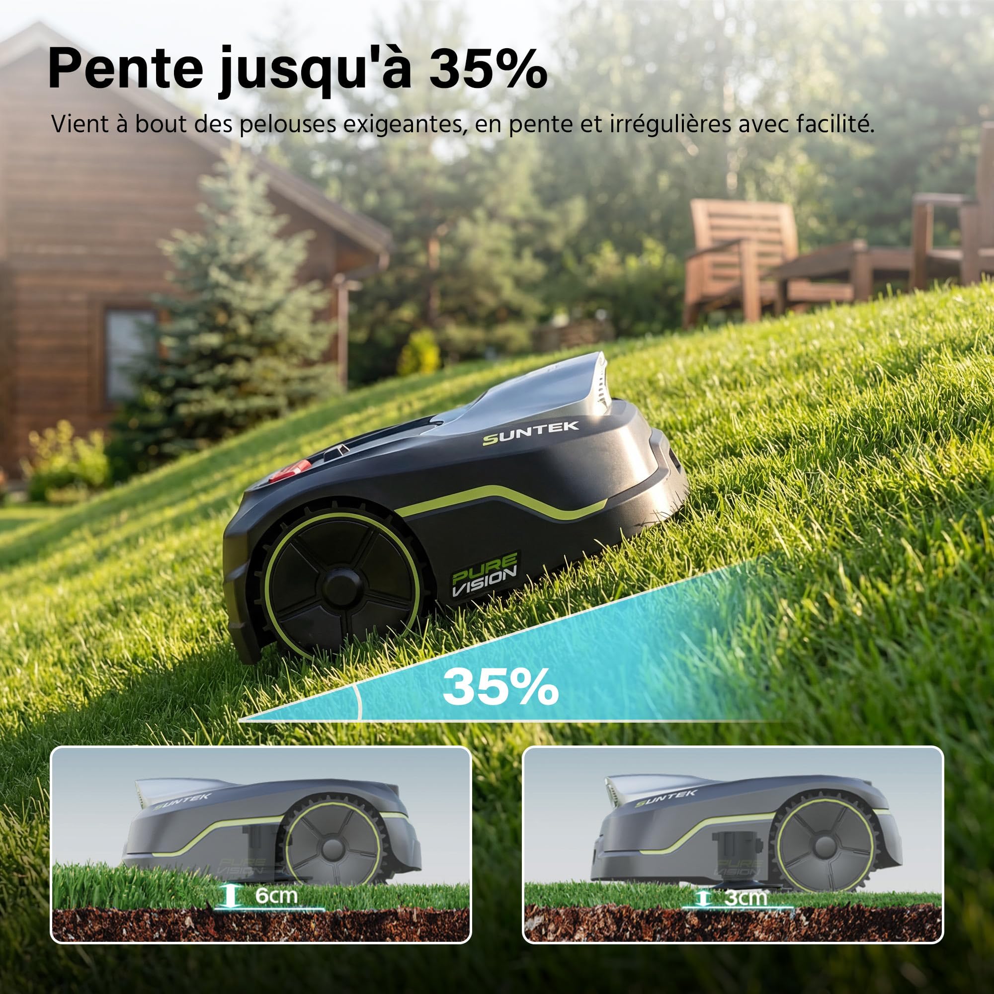SUNTEK Robot Tondeuse sans Fil Périphérique - Robot Tondeuse IA + Vision pour 250 m², Technologie IA Caméra, Pente jusqu'à 35°, Étanchéité IPX5, Cartographie Automatique, Contrôle APP