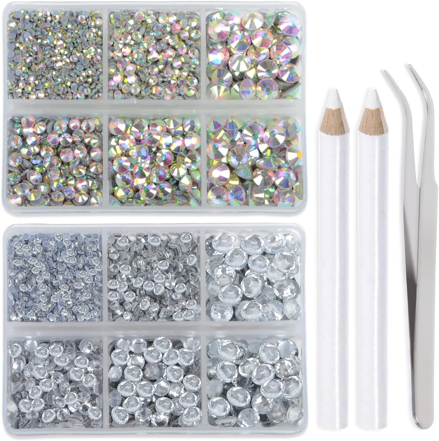LPBeads6400 Pieces AB Crystal and Clear Hotfix Rhinestones Flat Back 5 Mixed Sizes Crystal Round Glass Gems with Tweezers and Picking Rhinestones Pen