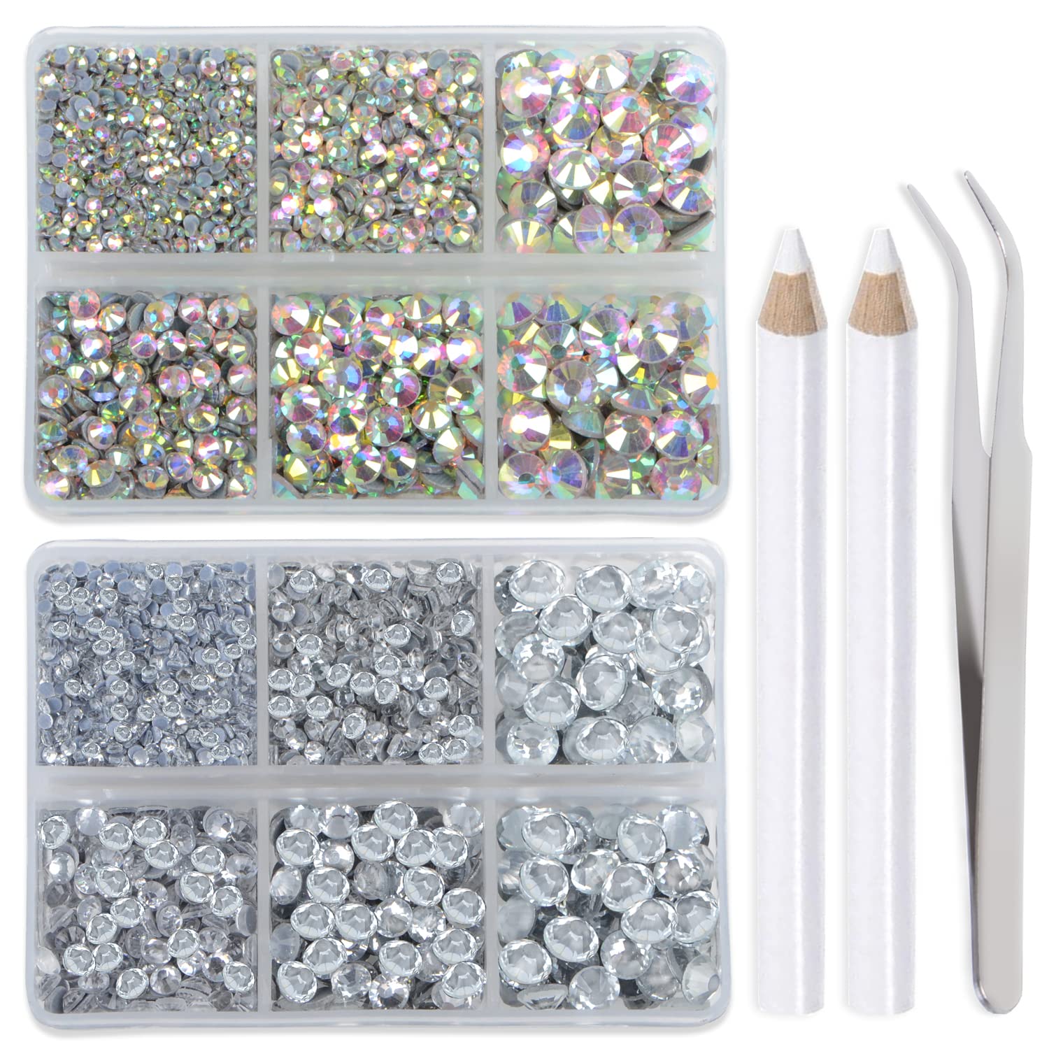 LPBeads 6400 Pieces AB Crystal and Clear Hotfix Rhinestones Flat Back 5 Mixed Sizes Crystal Round Glass Gems with Tweezers and Picking Rhinestones Pen
