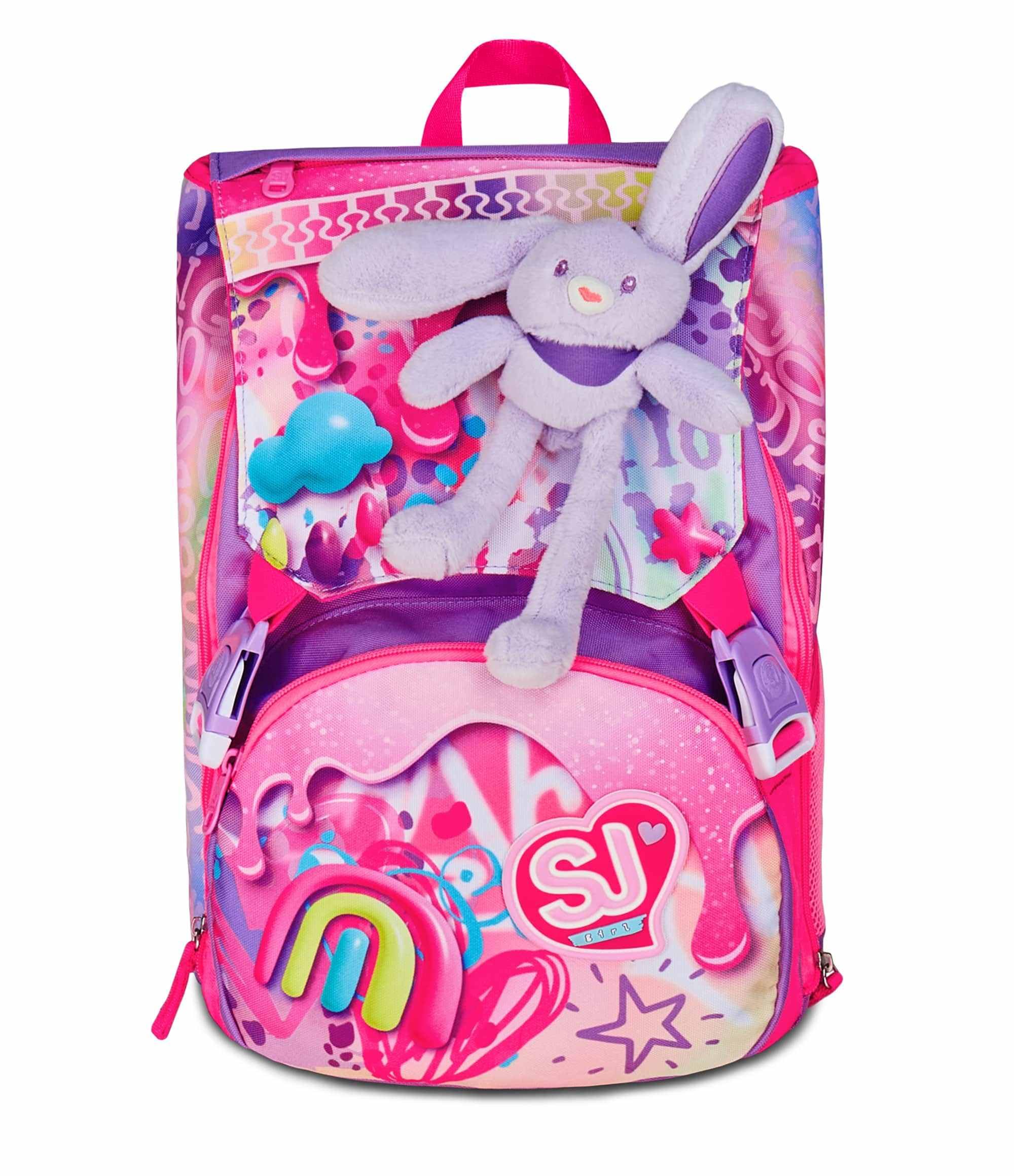 SJ GANG STYLE JAM GANG Zaino Scuola Estensibile Big, Fucsia, Zaino con Divisorio Interno, Tasca per Borraccia, Peluche Coniglietto Abbinato, 24 L, Zaino Scuola Elementare, Zaino Bambina