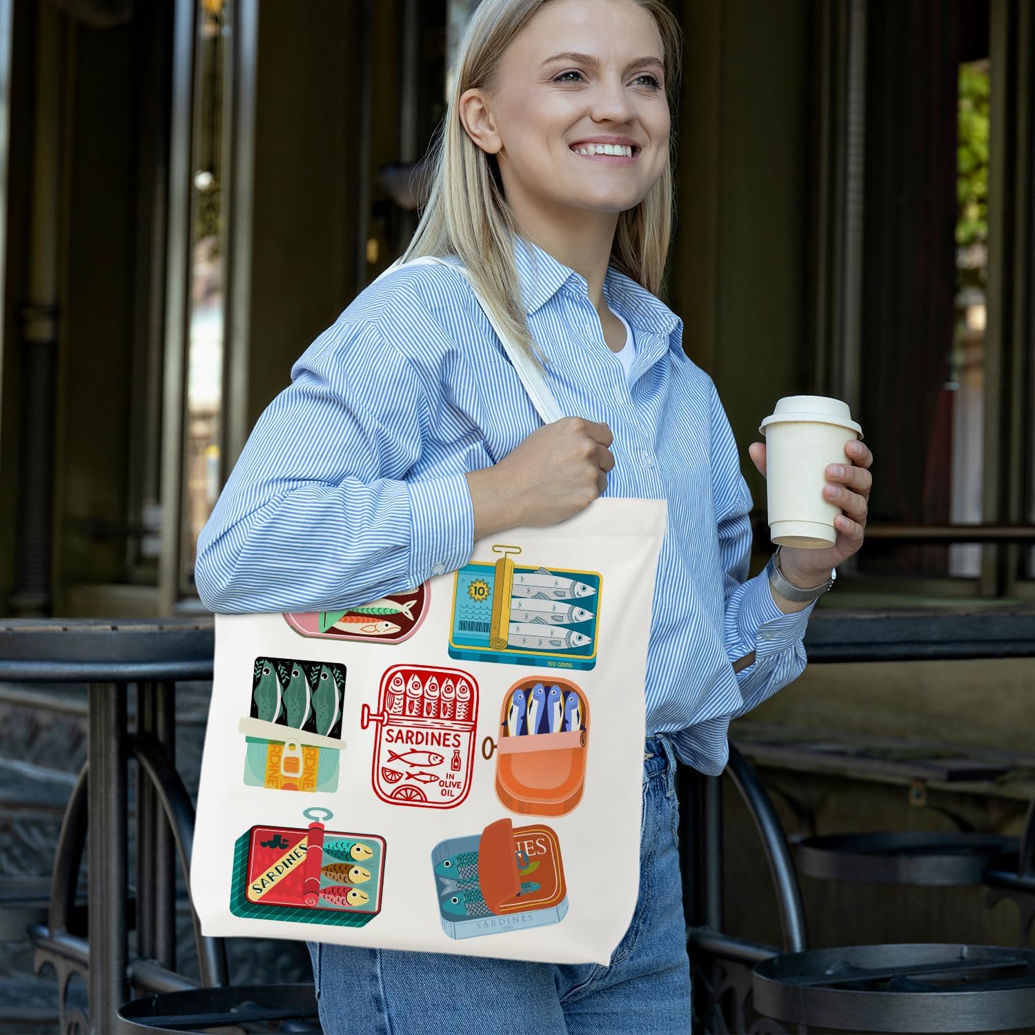 NATSUNO Canned Sardines Tote Bag,Fish Gifts for Women,Western Tote Bags for Women,Reusable Grocery Bags,Sardine Lover Gifts - Image 2