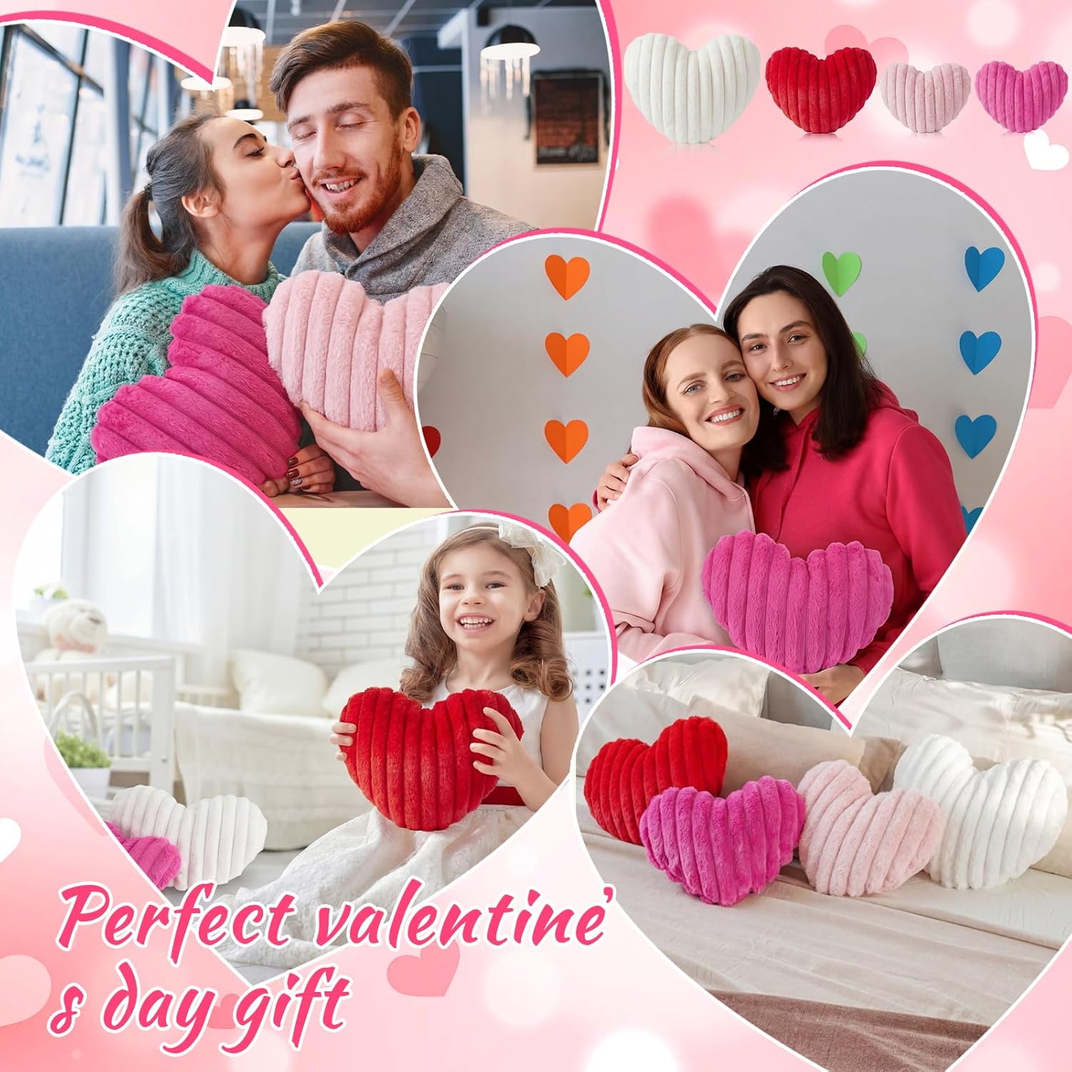 4 Pcs Heart Shaped Throw Pillows Set, 17/15/13 Inch Large Faux Fur Striped Cushions Pink Red White Heart Pillows for Couch, Bedroom, Living Room Wedding Decor