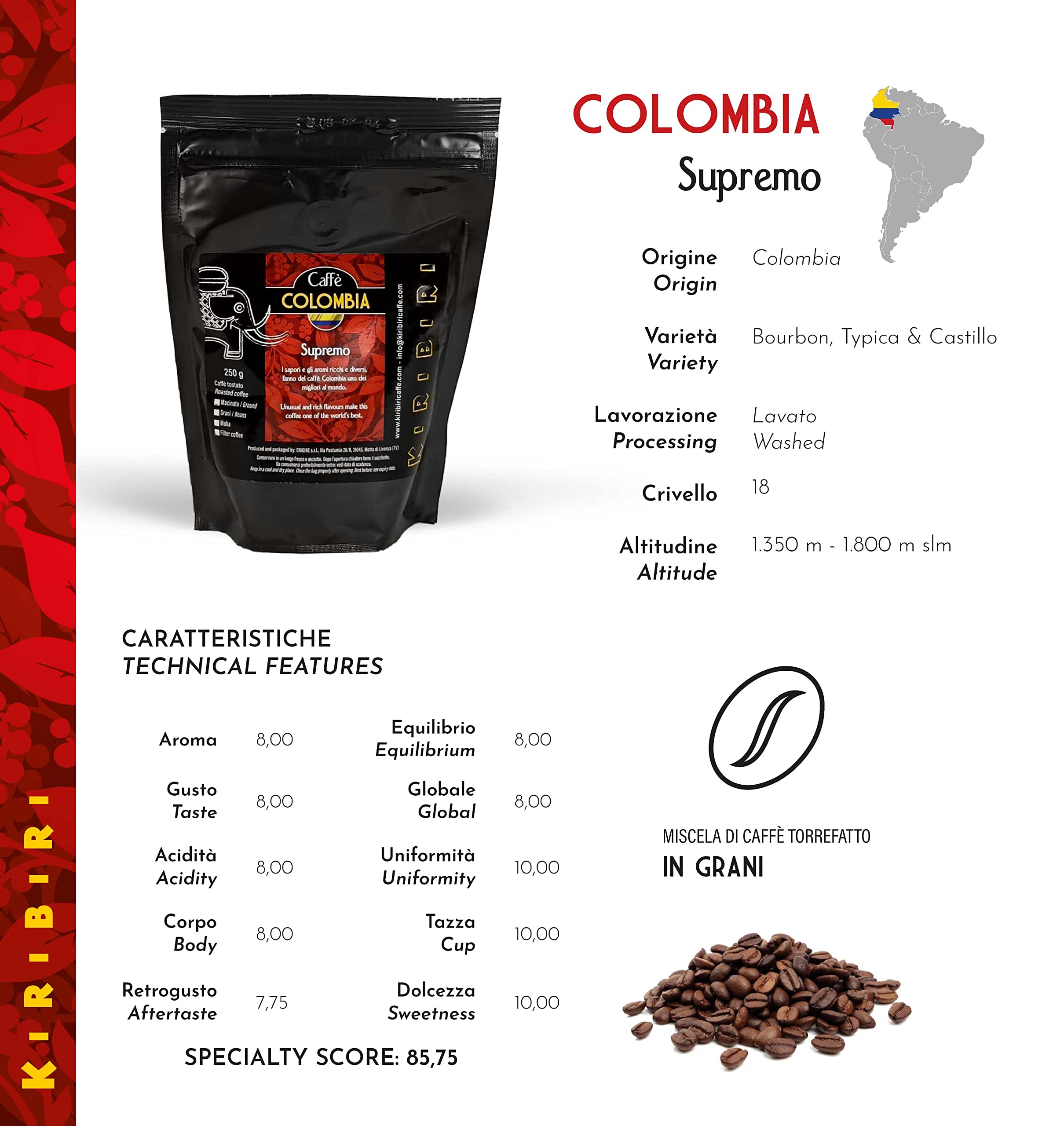 KIRIBIRI Café Especial de Origen 100% Arábica en Grano - Paquete de 4 x 250 g - Orígenes: Colombia, Costa Rica, Perú Orgánico, Etiopía