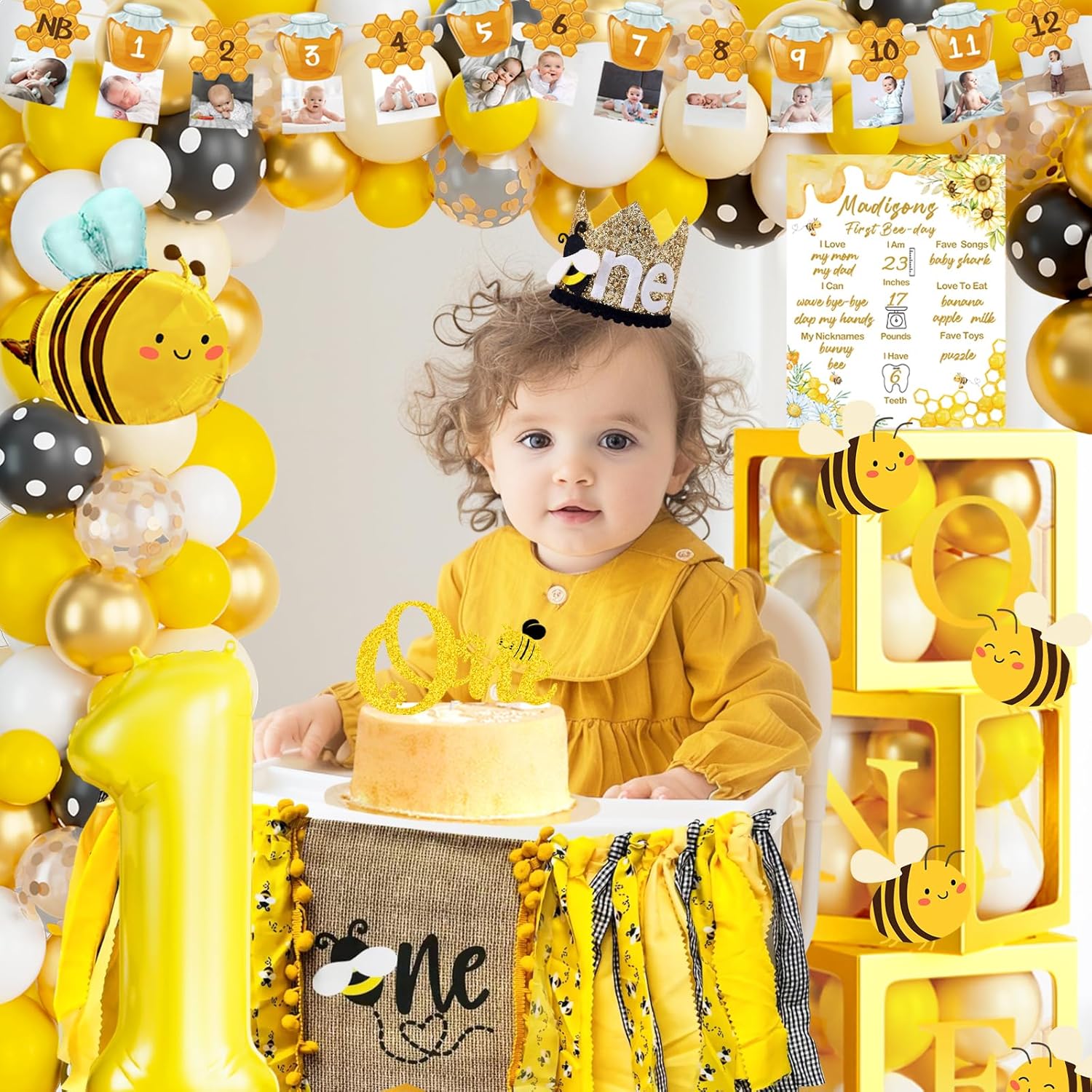 Party Inspo 1st Birthday Decorations - Bumble Bee & Honey Bee Themed Party Pack, Includes Backdrop, Balloon Banner, Cake Topper, Crown, Box Cutouts