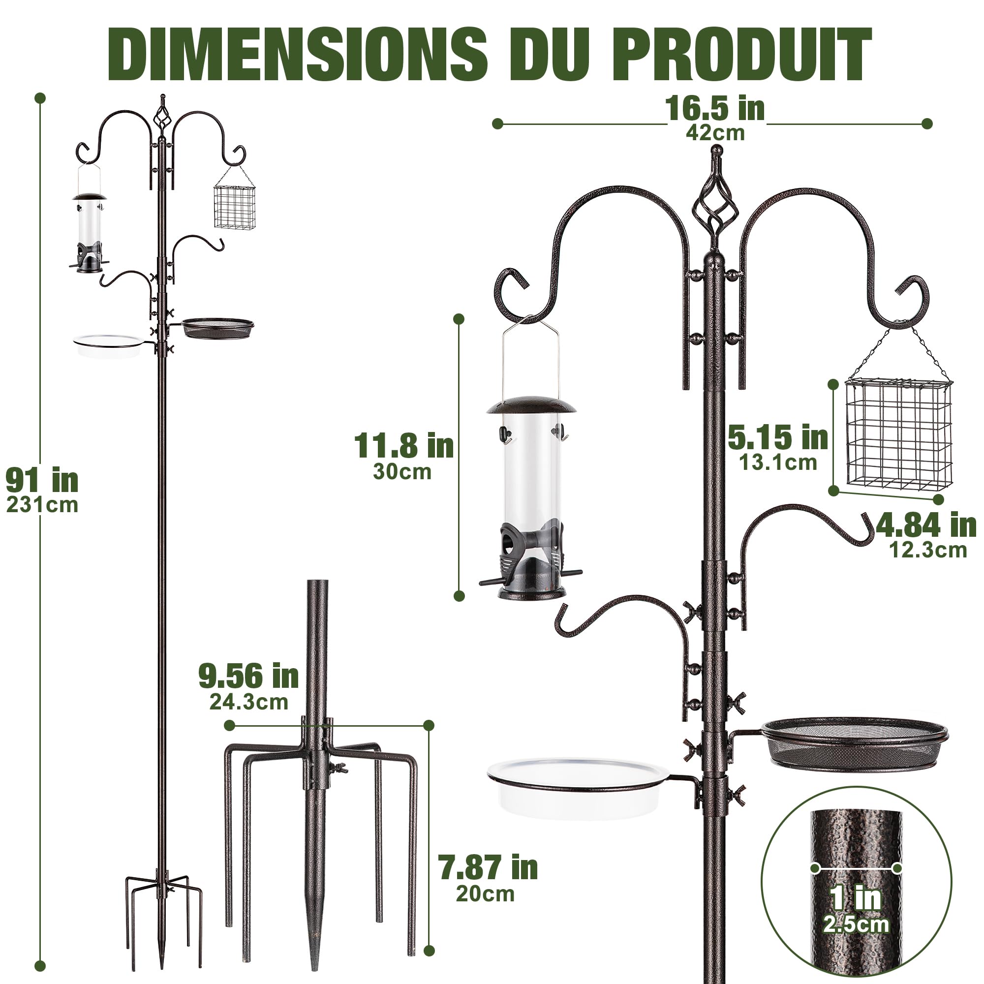 Urban Deco Mangeoire à oiseaux avec mât pour oiseaux sauvages avec mangeoire à suif en métal pour attirer les oiseaux sauvages